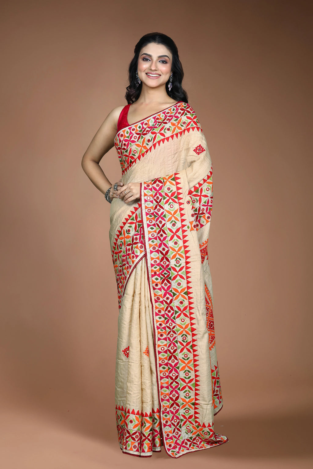 Beige Tussar Kathiyawadi Saree With Gujarati Work with Blouse Piece