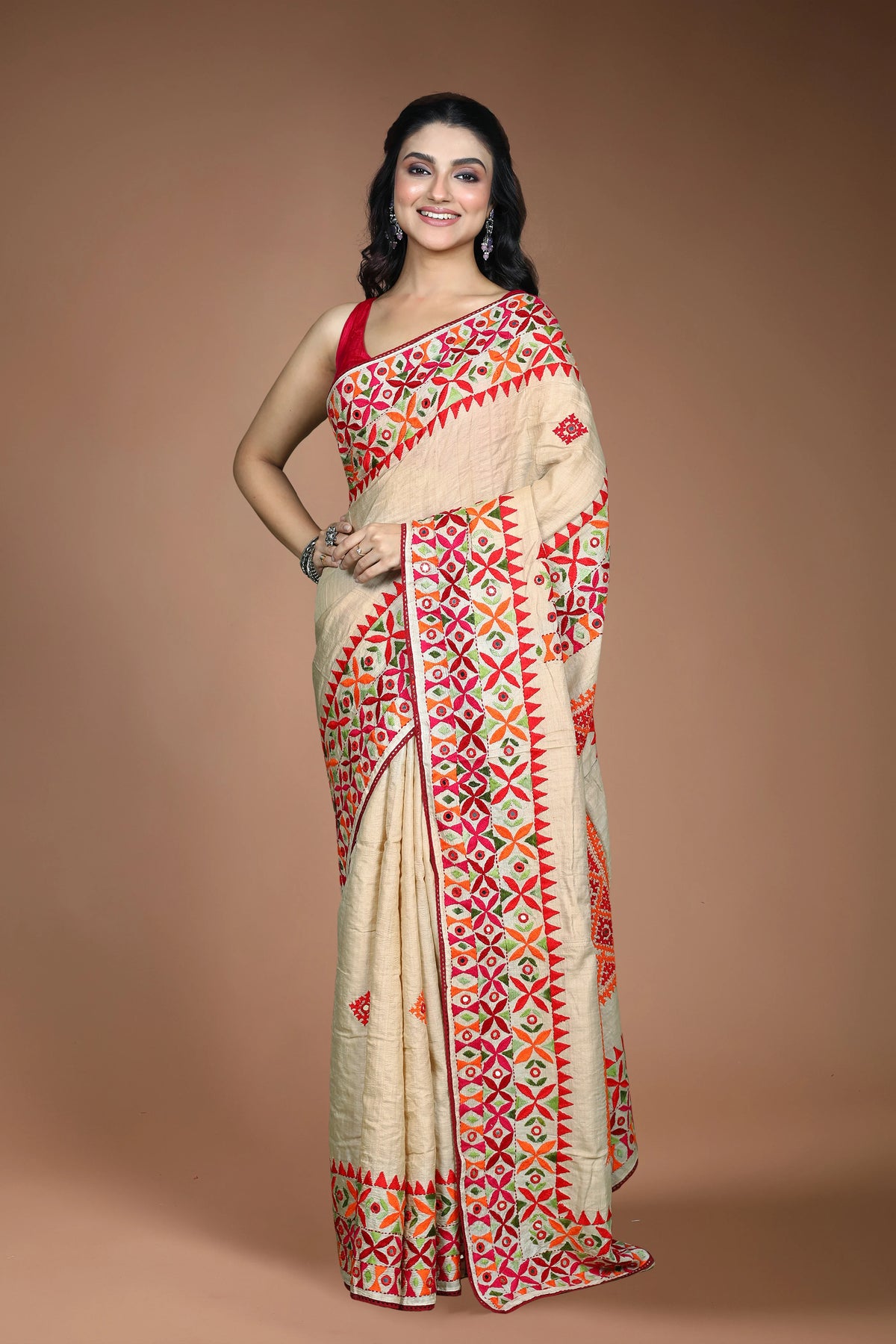 Beige Tussar Kathiyawadi Saree With Gujarati Work with Blouse Piece