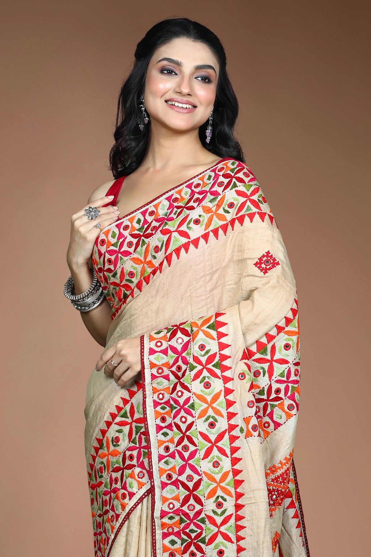 Beige Tussar Kathiyawadi Saree With Gujarati Work with Blouse Piece