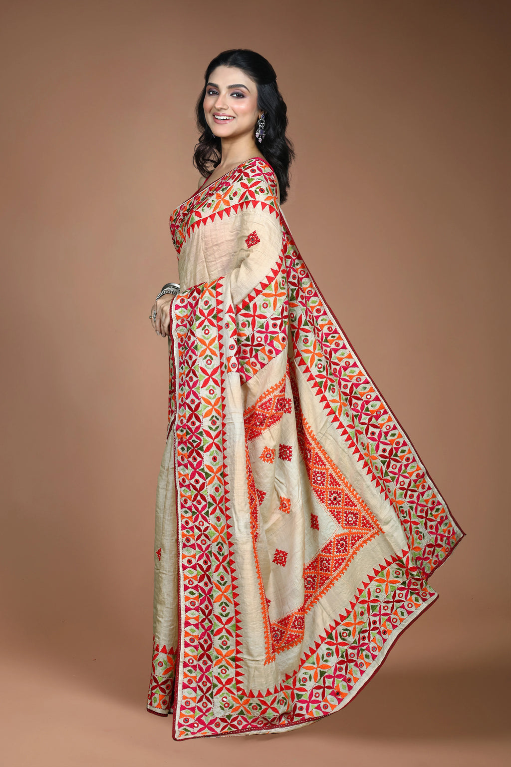 Beige Tussar Kathiyawadi Saree With Gujarati Work with Blouse Piece