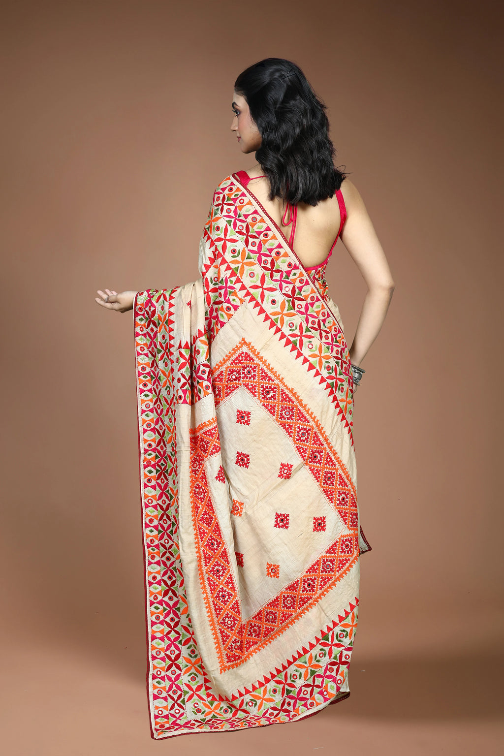 Beige Tussar Kathiyawadi Saree With Gujarati Work with Blouse Piece
