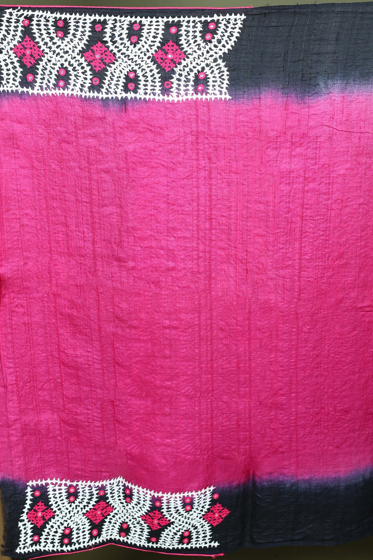 Rani and Black Tussar Gujarati Saree with Blouse Piece
