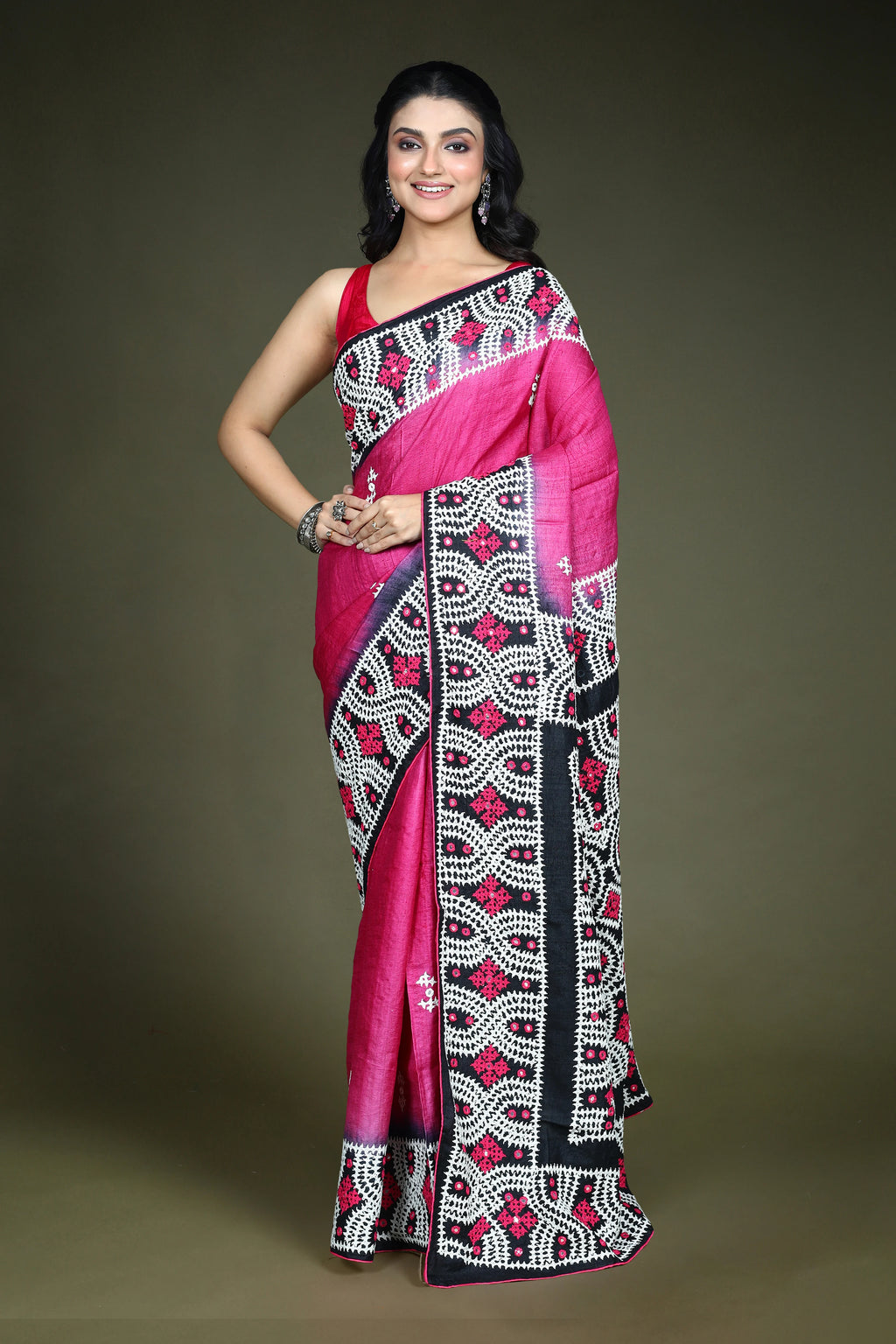 Rani and Black Tussar Gujarati Saree with Blouse Piece