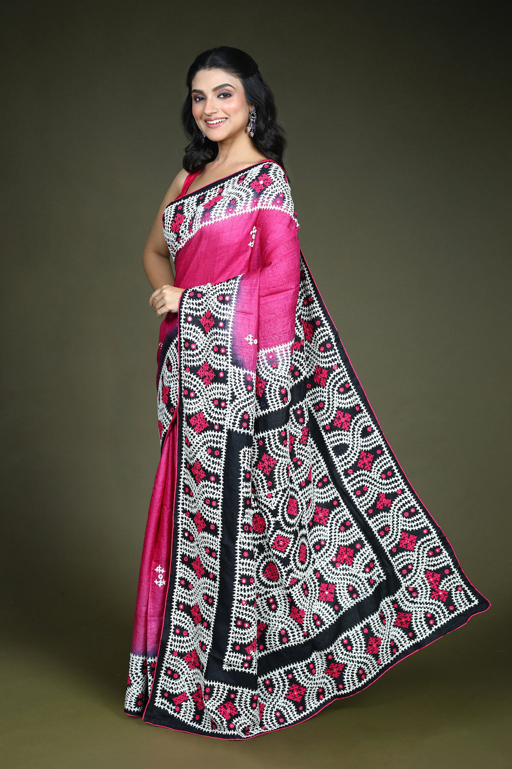 Rani and Black Tussar Gujarati Saree with Blouse Piece