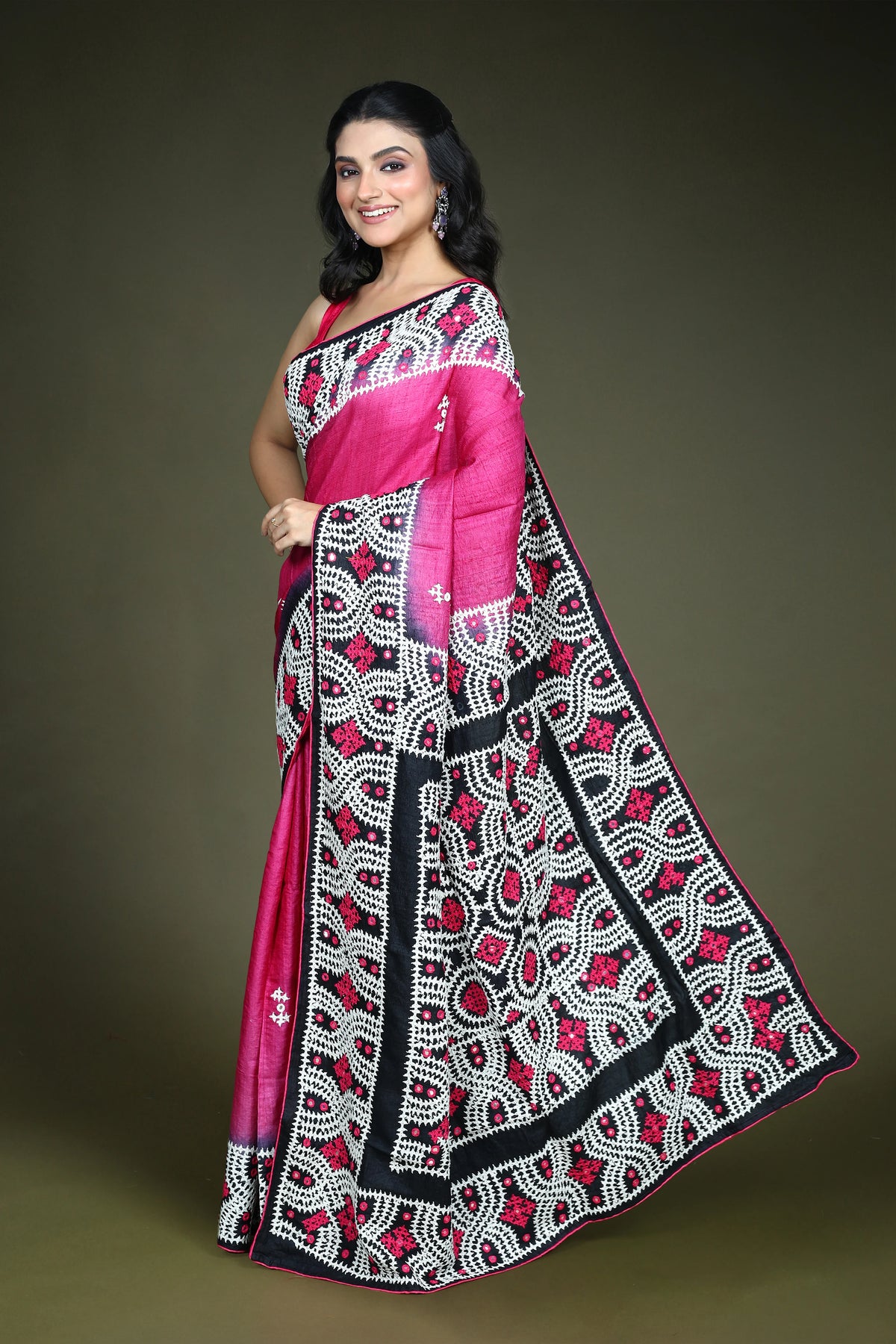Rani and Black Tussar Gujarati Saree with Blouse Piece