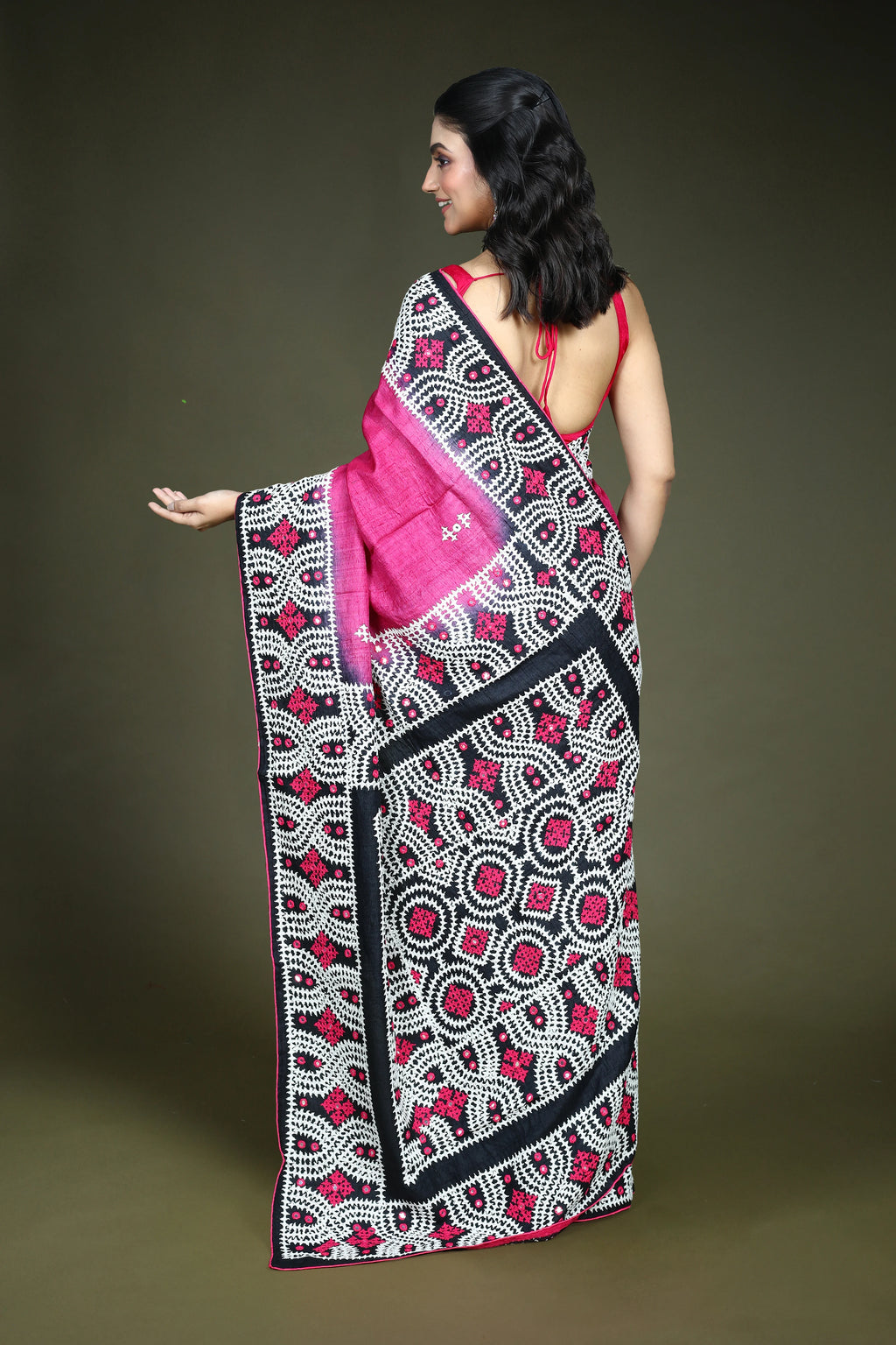 Rani and Black Tussar Gujarati Saree with Blouse Piece