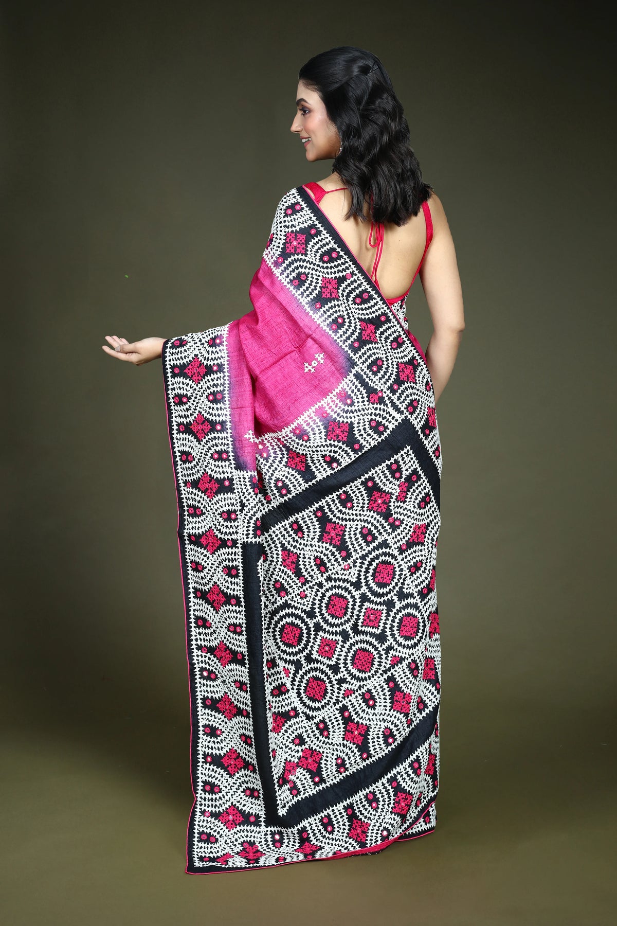 Rani and Black Tussar Gujarati Saree with Blouse Piece