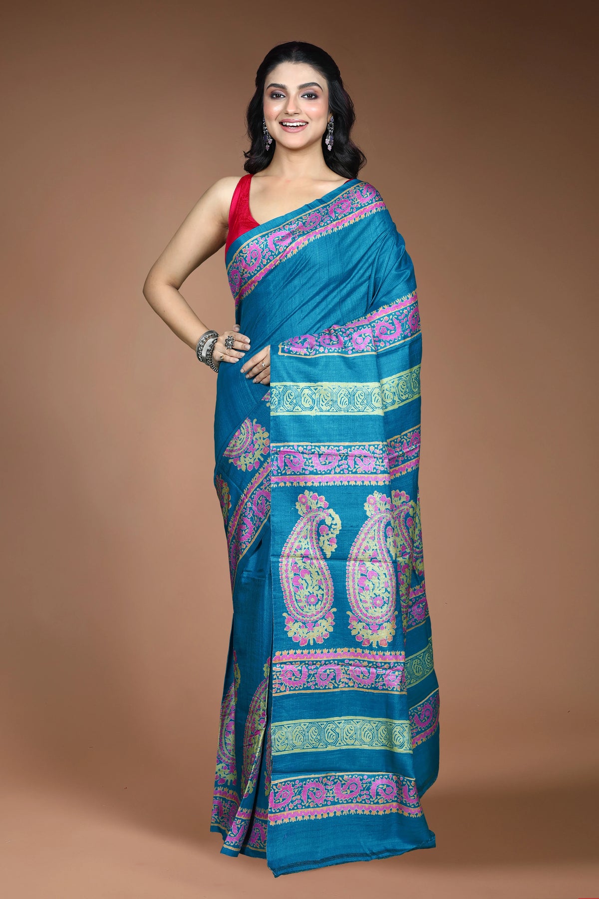 Teal Blue Tussar Saree with Blouse Piece