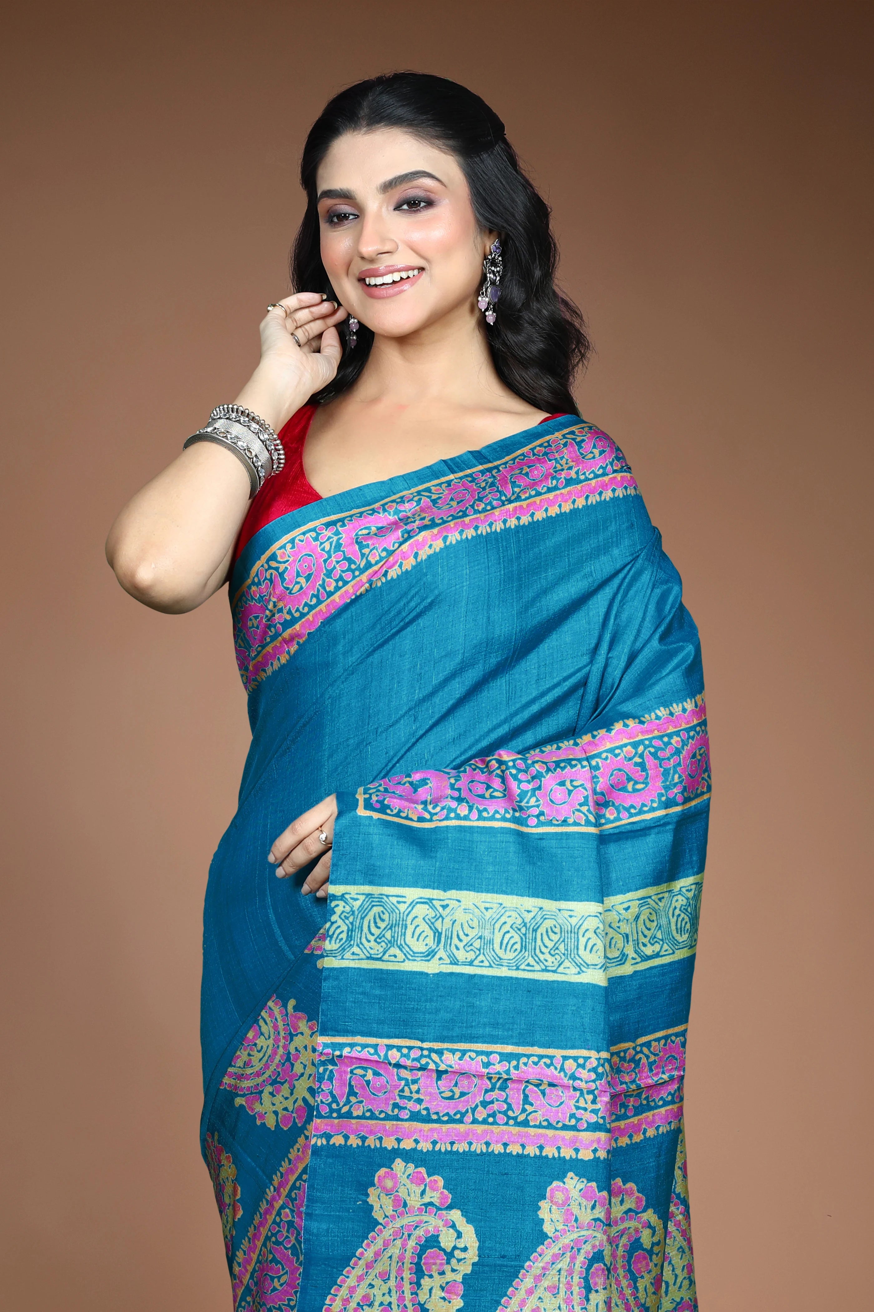 Teal Blue Tussar Saree with Blouse Piece