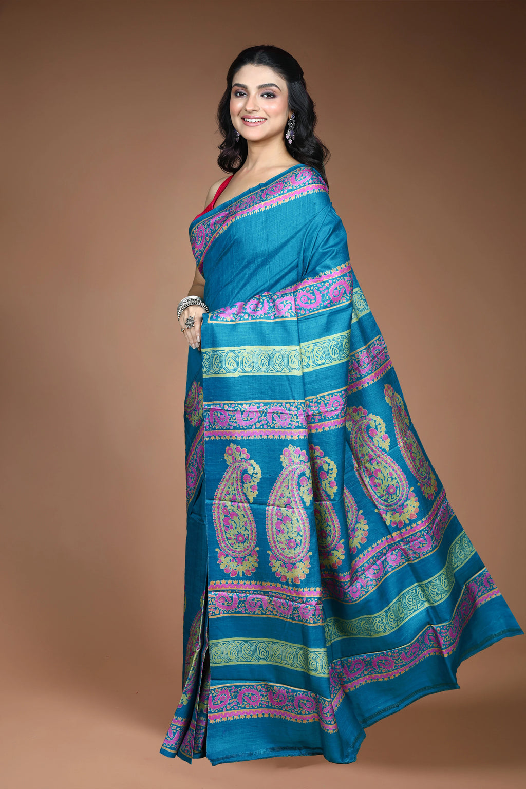 Teal Blue Tussar Saree with Blouse Piece