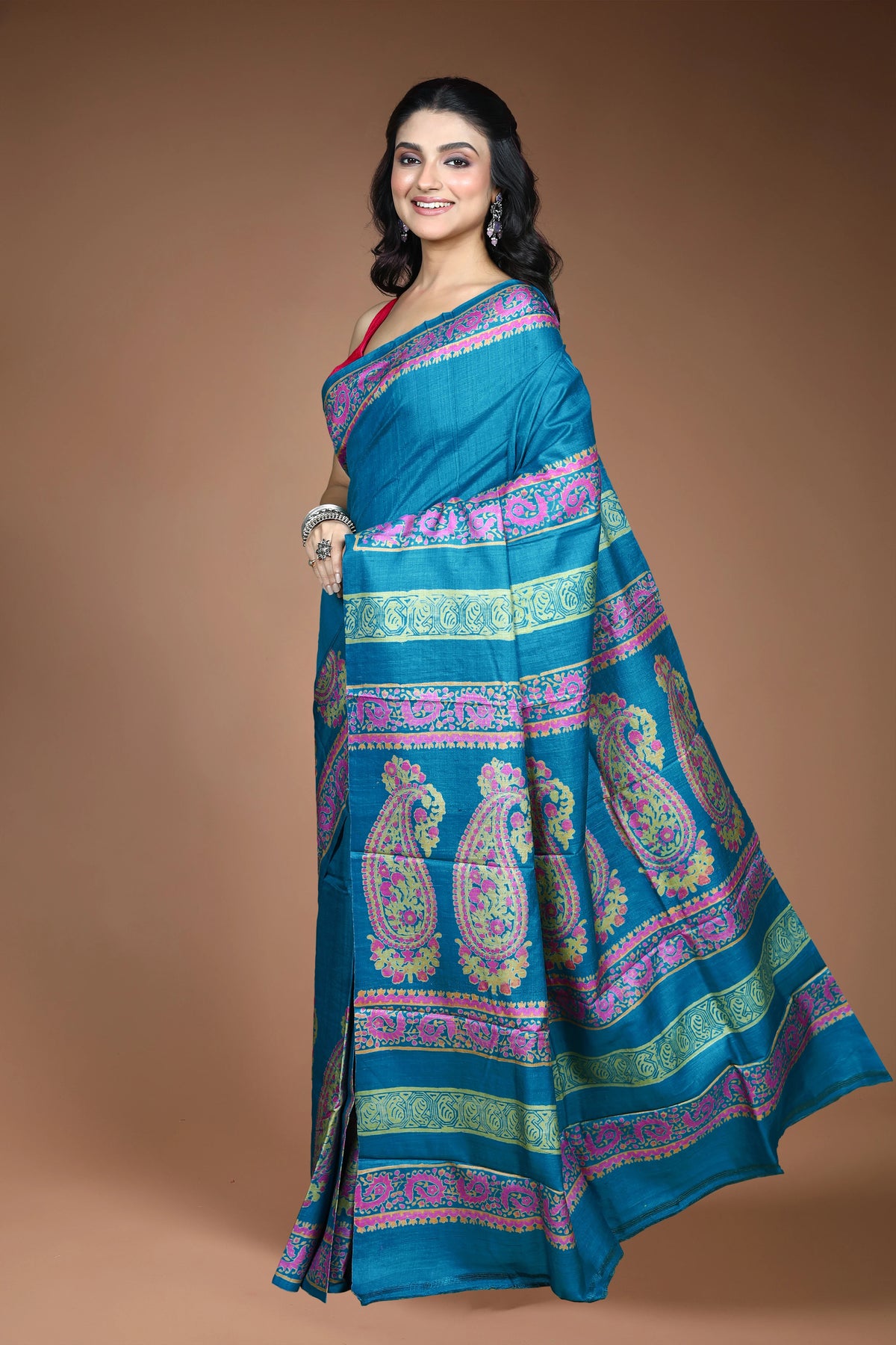 Teal Blue Tussar Saree with Blouse Piece