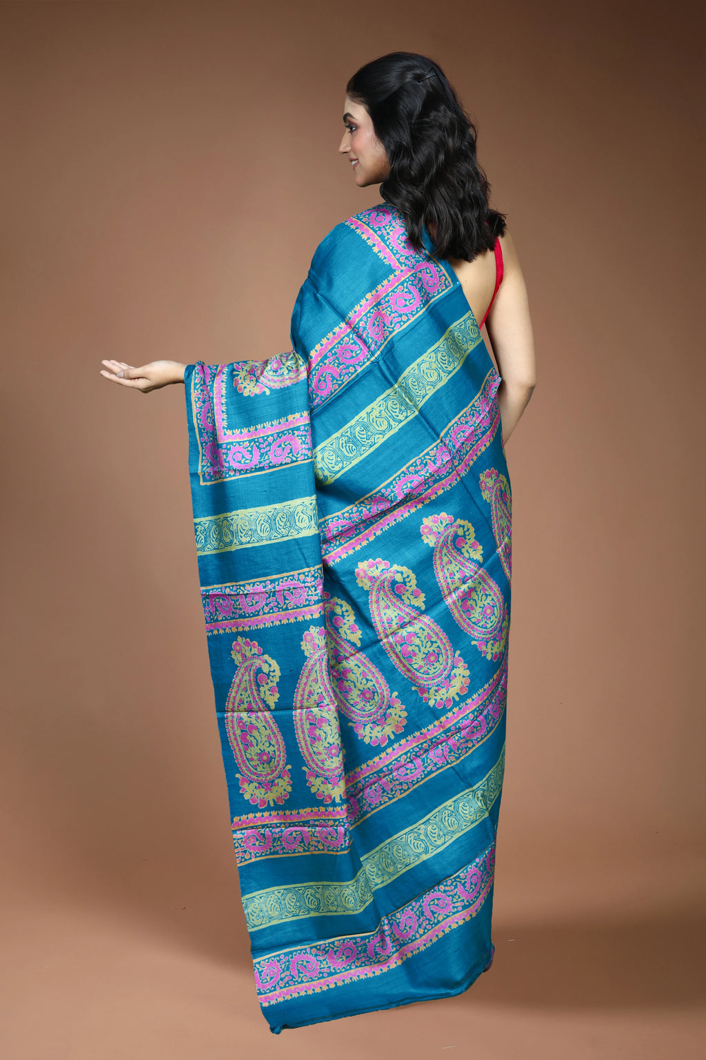 Teal Blue Tussar Saree with Blouse Piece