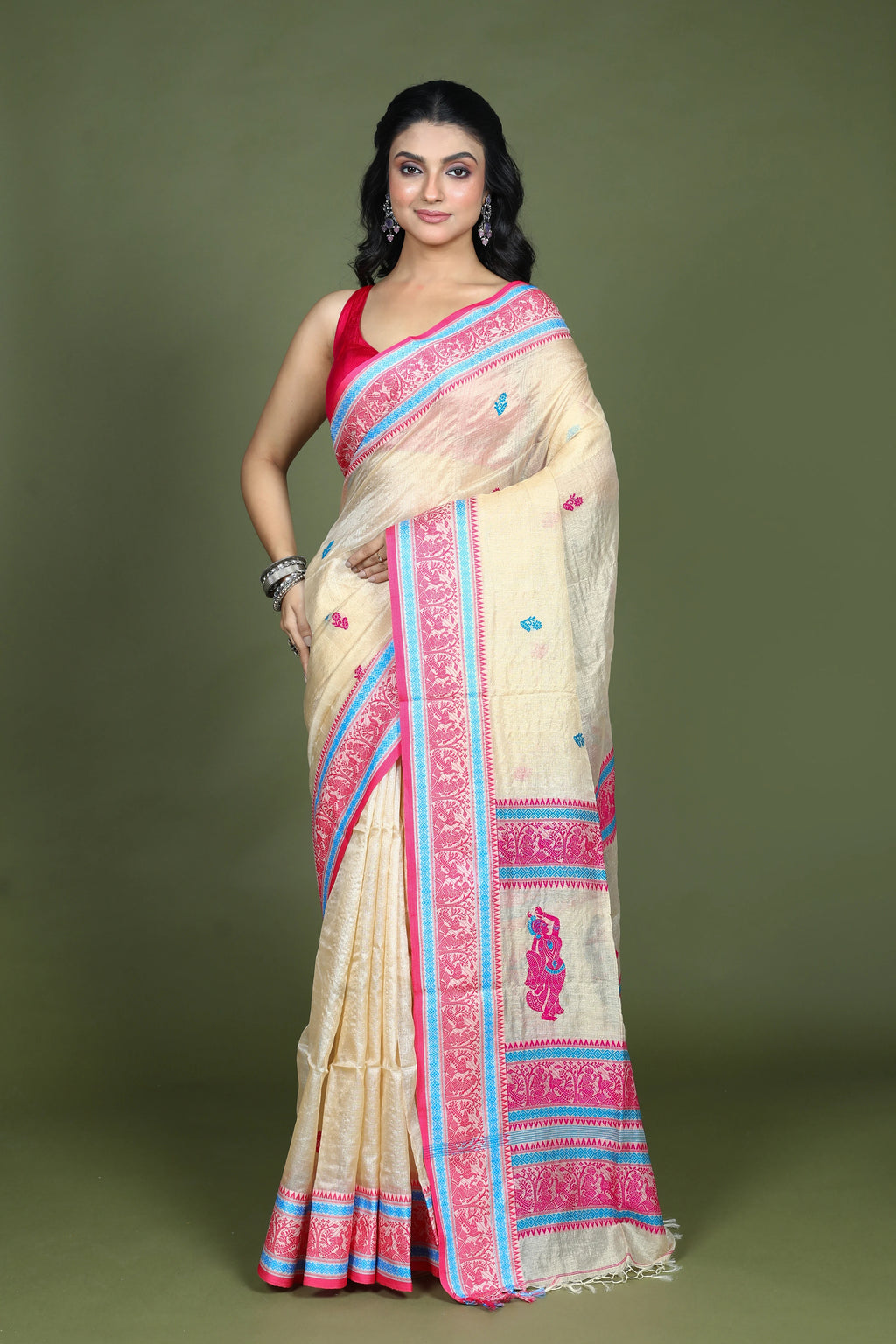 Beige and Rani Tussar Saree with Blouse Piece