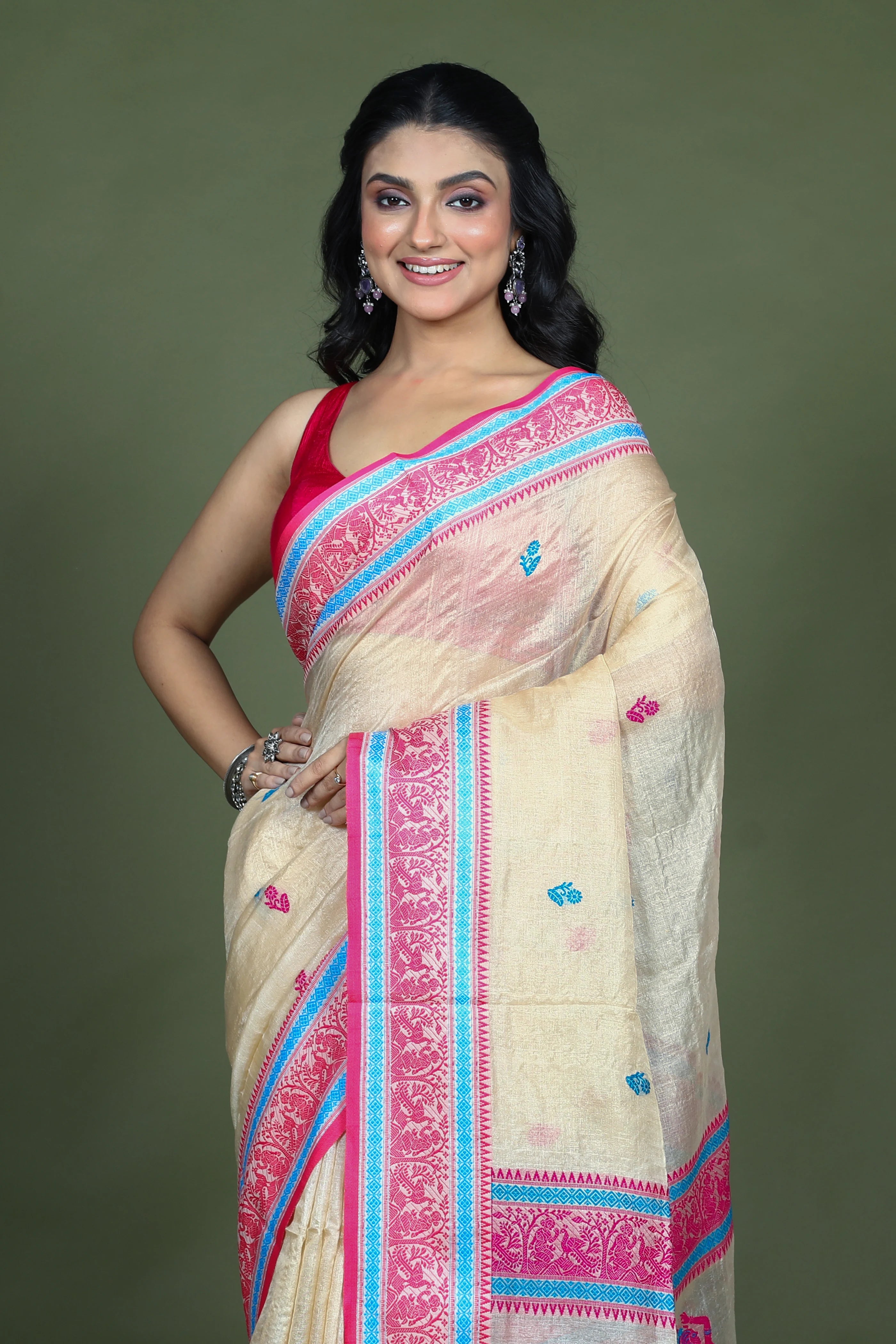 Beige and Rani Tussar Saree with Blouse Piece