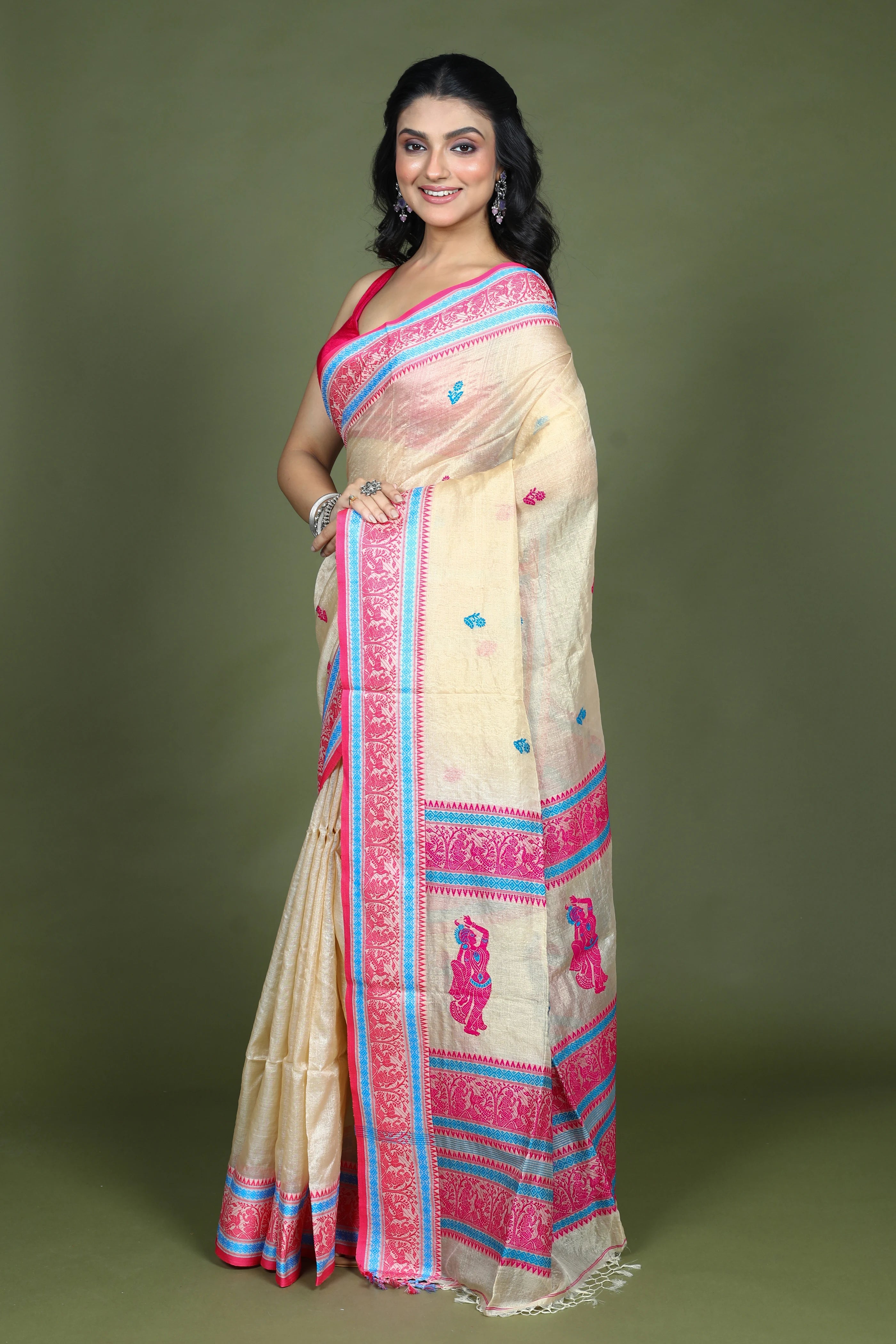 Beige and Rani Tussar Saree with Blouse Piece