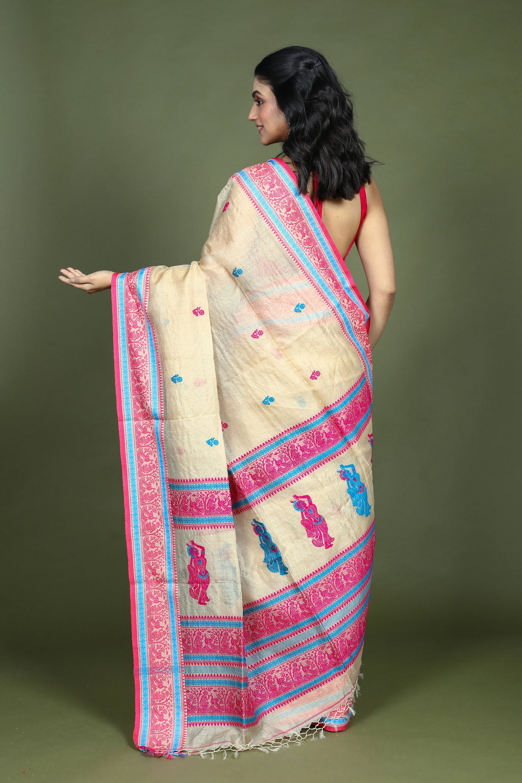 Beige and Rani Tussar Saree with Blouse Piece