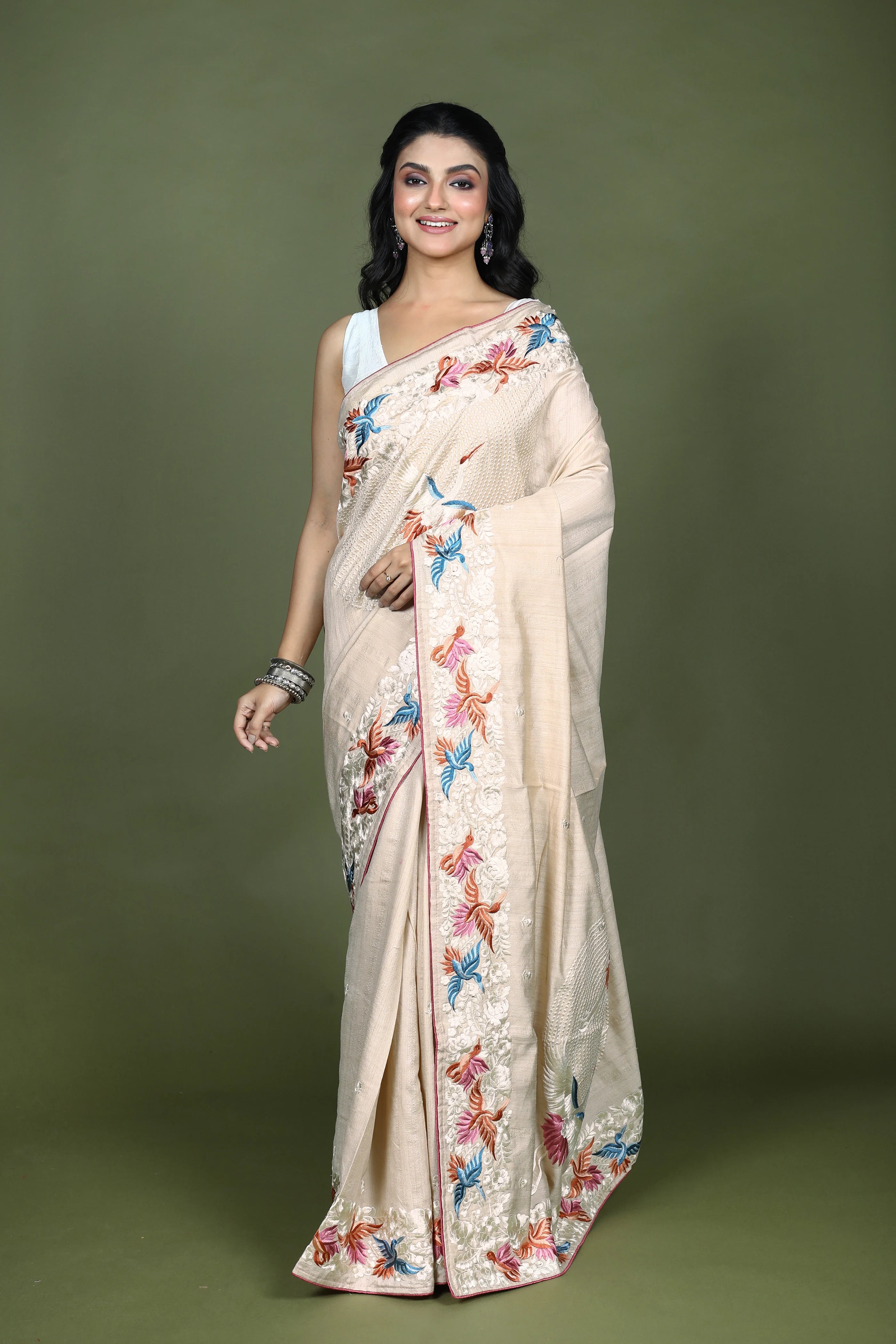 Beige Blended Semi Tussar Saree with Blouse Piece