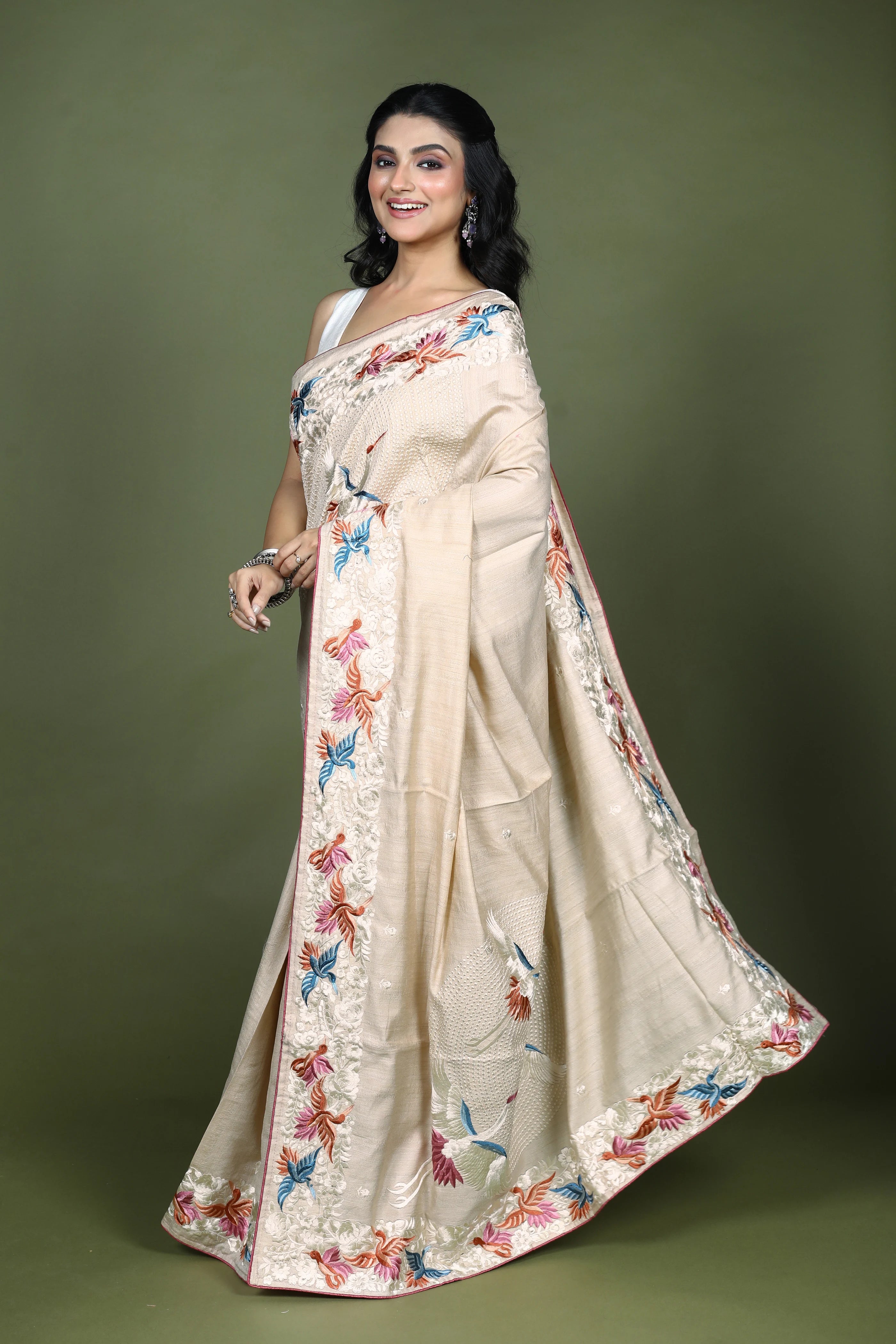 Beige Blended Semi Tussar Saree with Blouse Piece