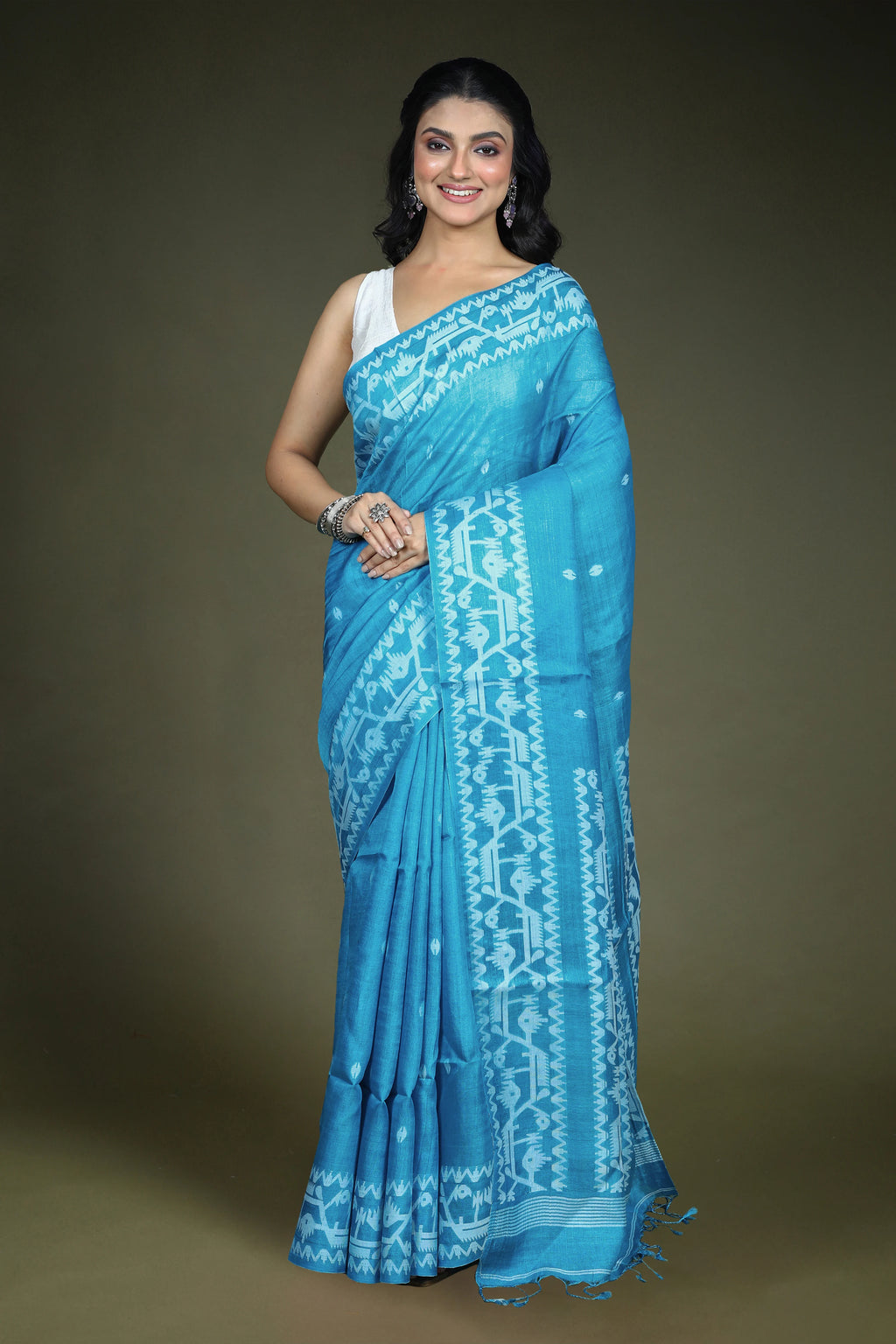 Sky Blue Tussar Jamdani Saree with Blouse Piece