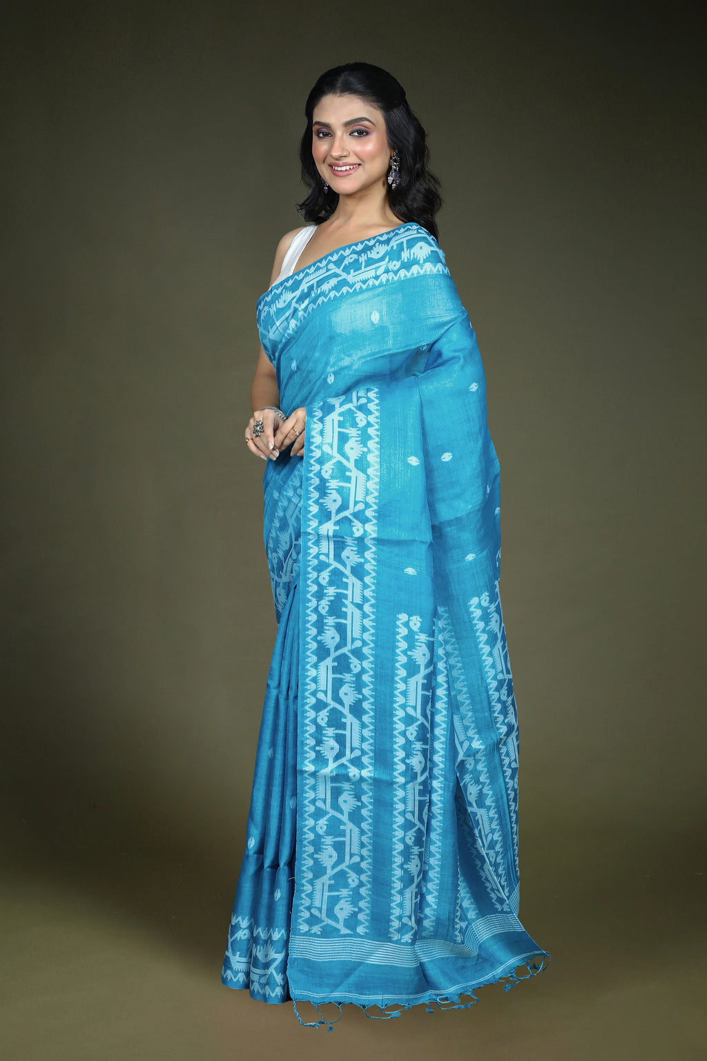Sky Blue Tussar Jamdani Saree with Blouse Piece