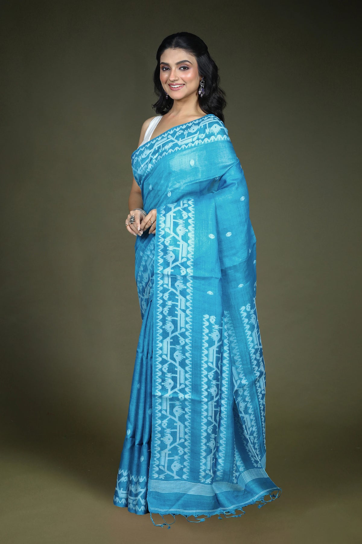 Sky Blue Tussar Jamdani Saree with Blouse Piece