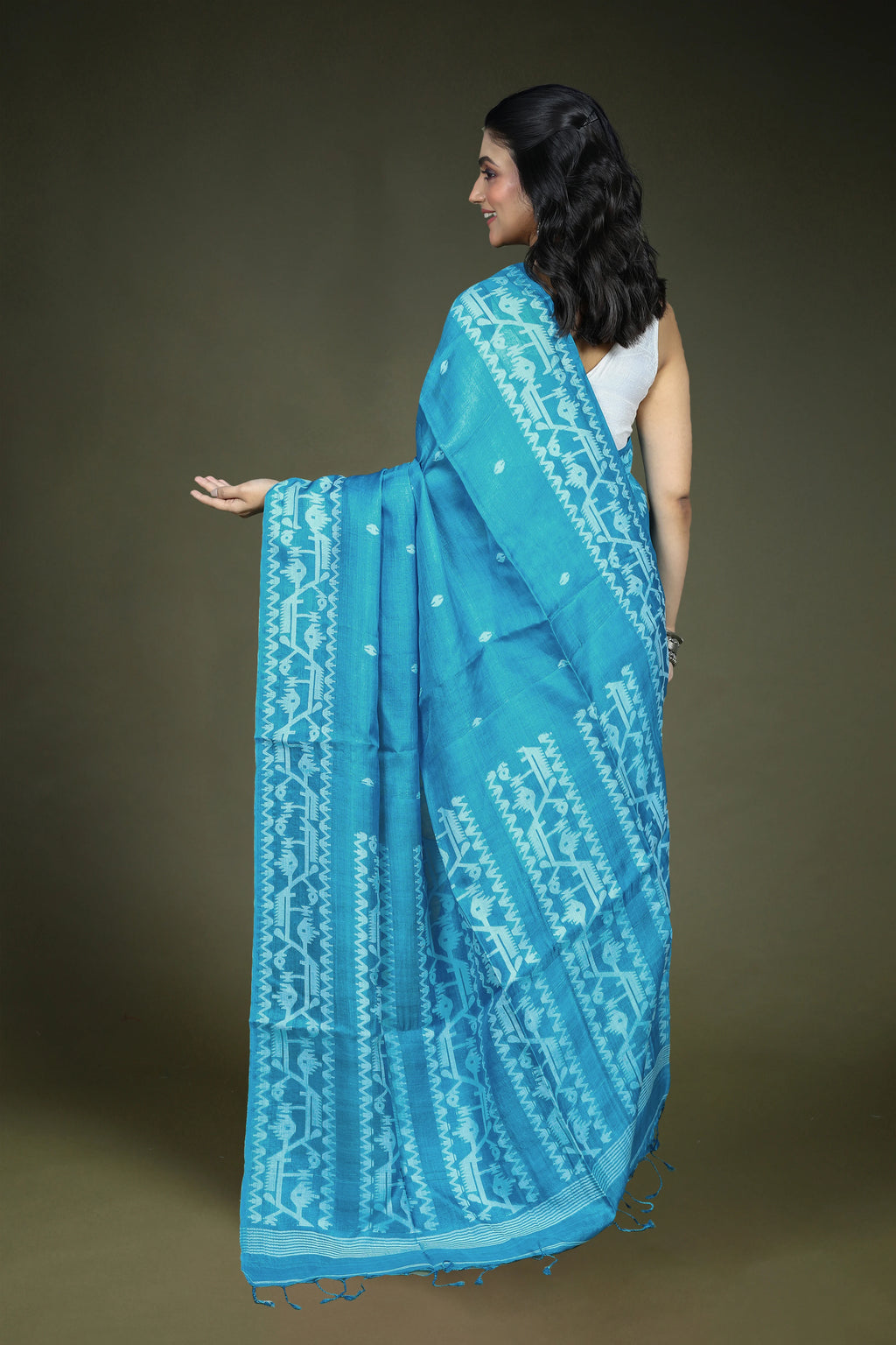 Sky Blue Tussar Jamdani Saree with Blouse Piece