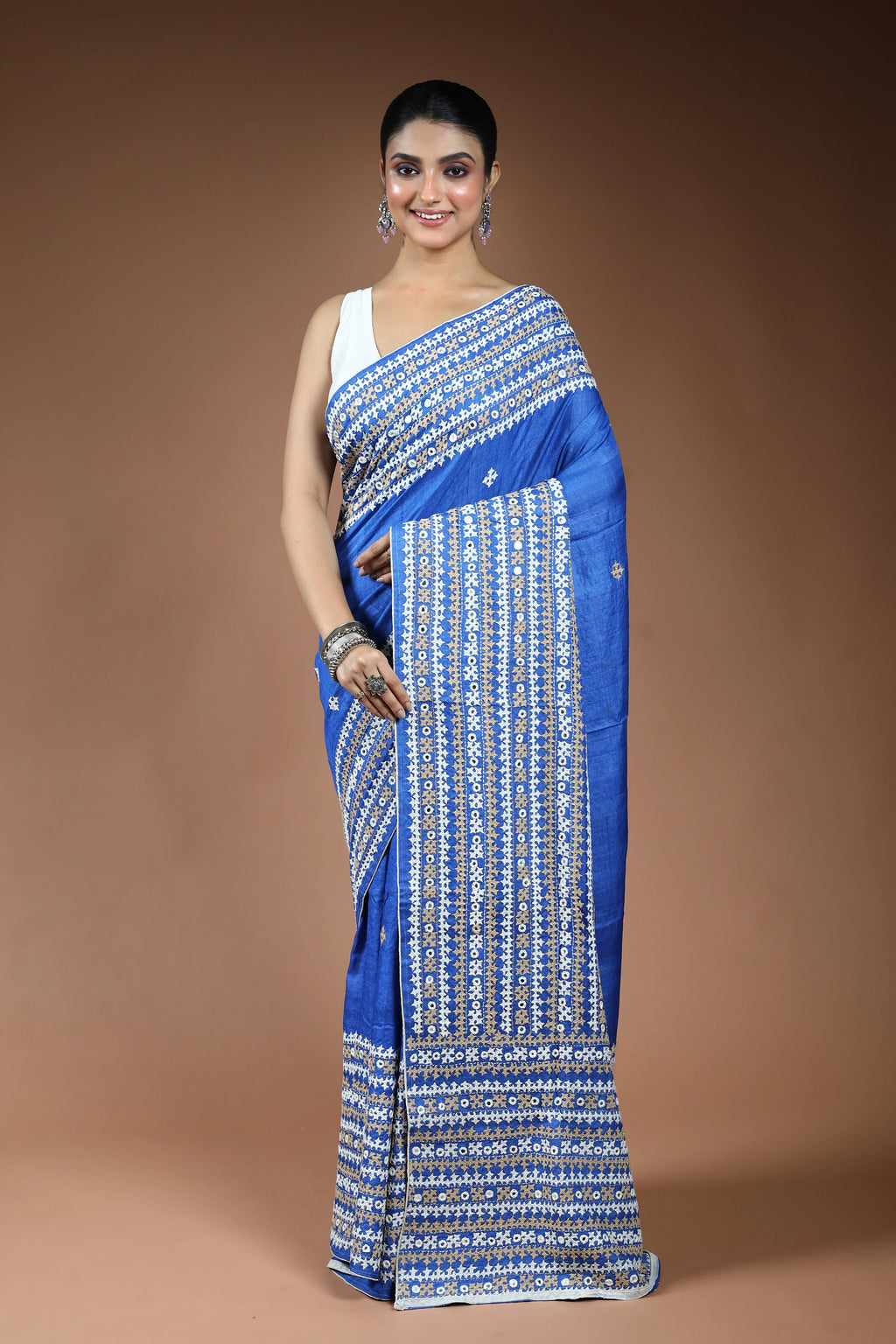 Royal Blue Tussar Gujarati Saree with Blouse Piece