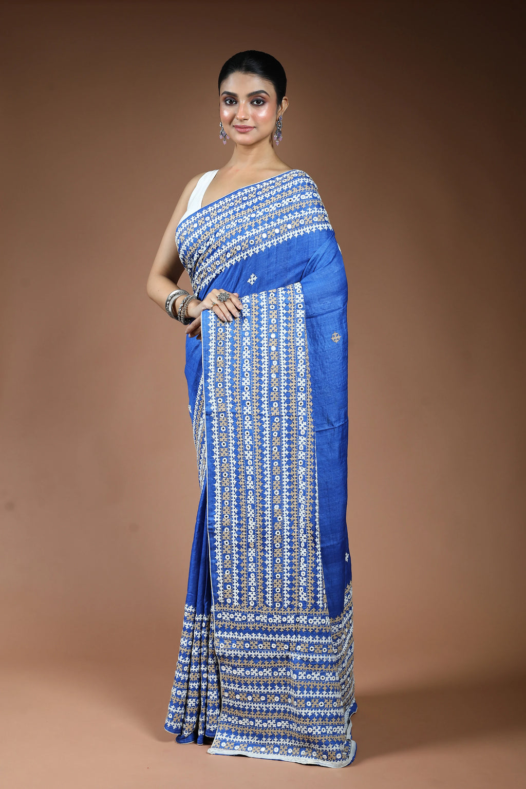 Royal Blue Tussar Gujarati Saree with Blouse Piece