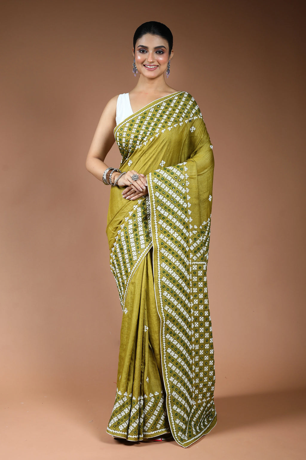 Olive Green Tussar Gujarati Saree with Blouse Piece