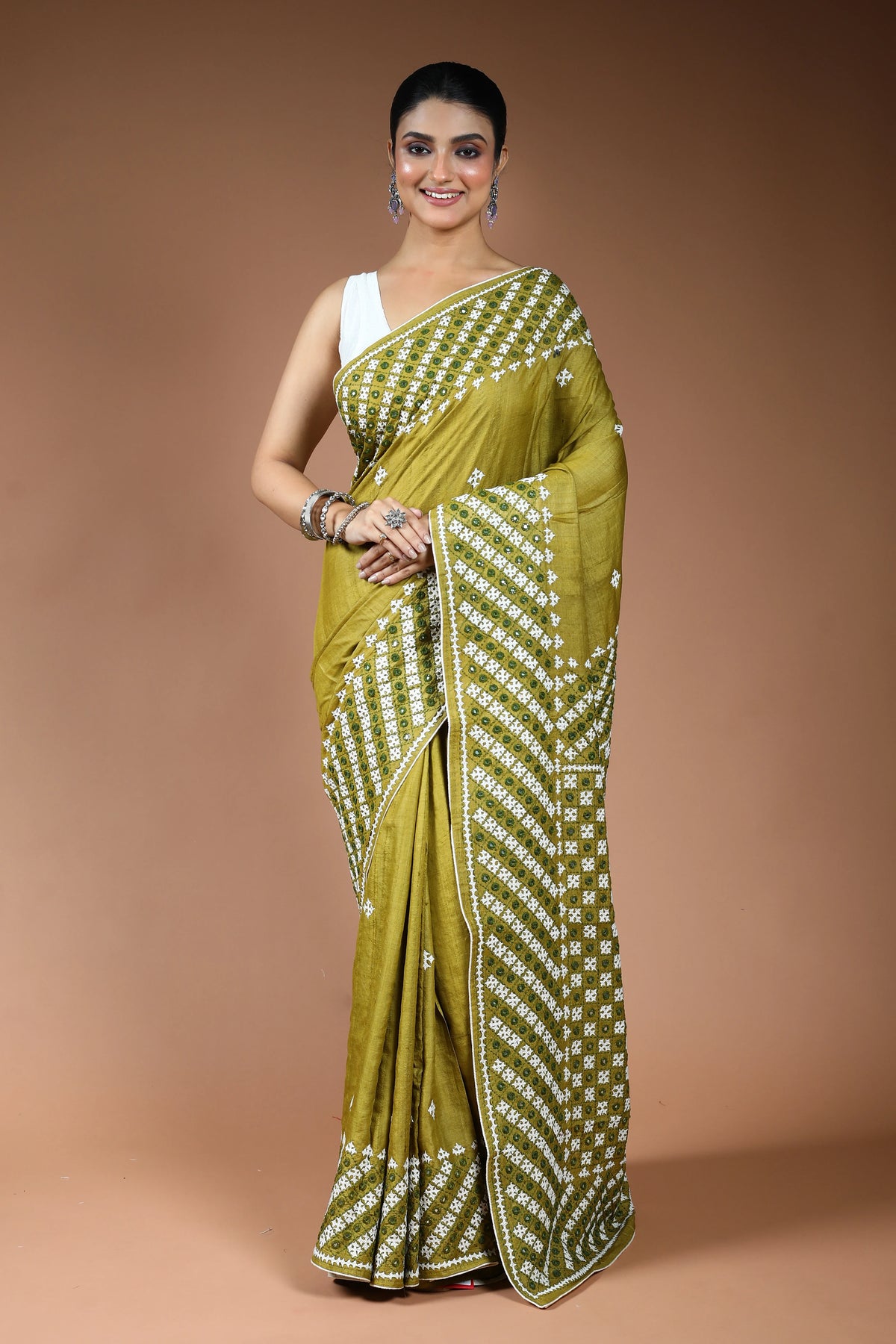 Olive Green Tussar Gujarati Saree with Blouse Piece