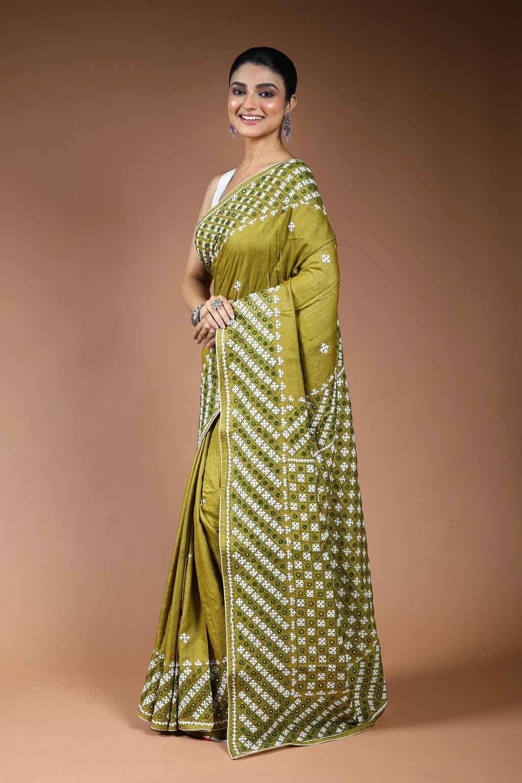 Olive Green Tussar Gujarati Saree with Blouse Piece