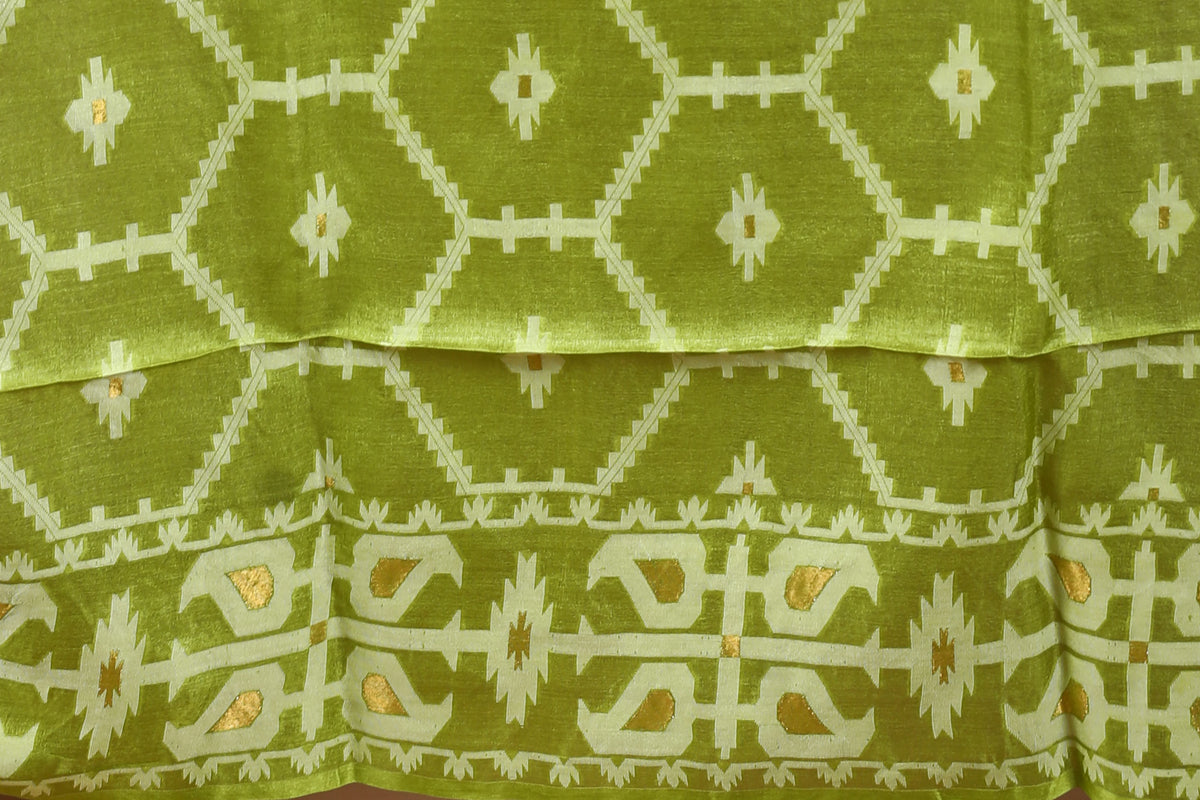 Deep Pista Green Tussar Jamdani Saree with Blouse Piece