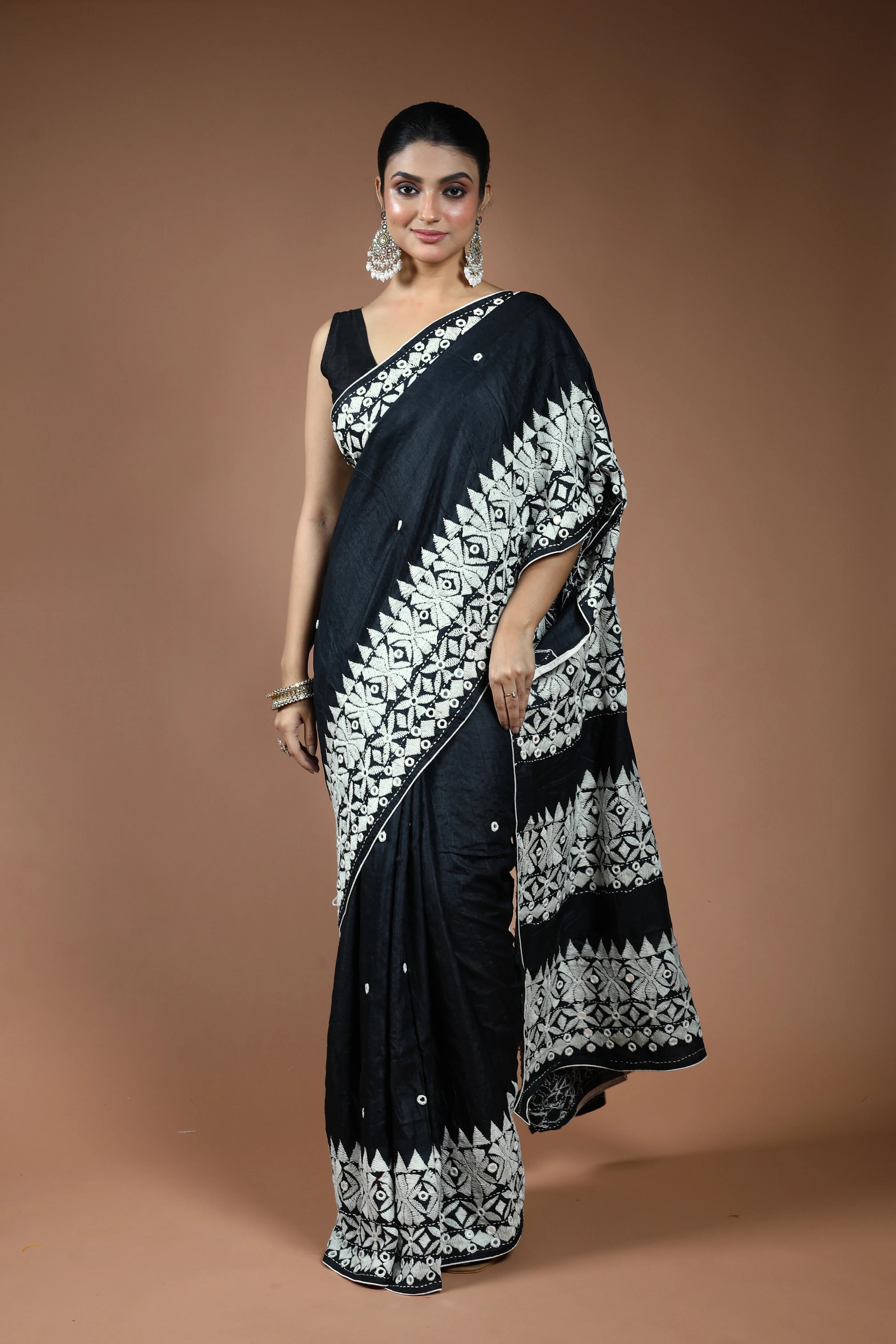 Black Tussar Kathiyawadi Saree with Blouse Piece