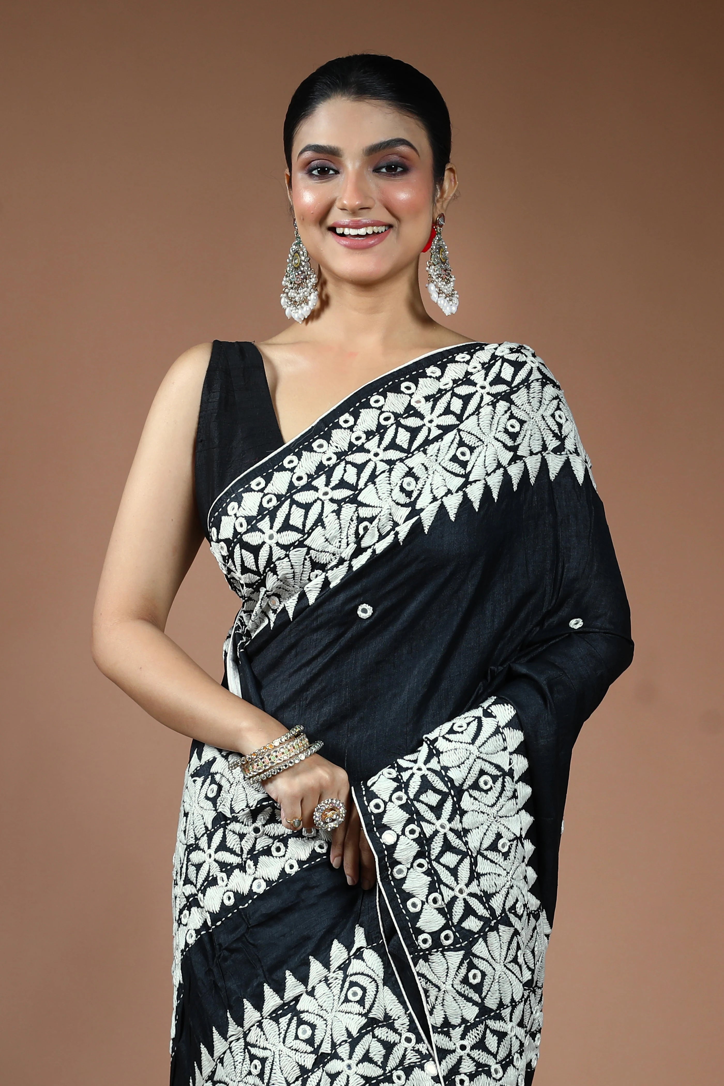 Black Tussar Kathiyawadi Saree with Blouse Piece