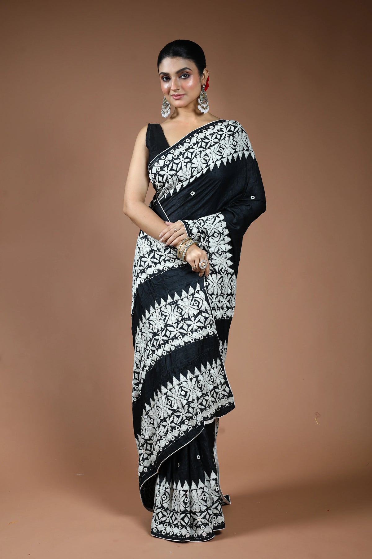 Black Tussar Kathiyawadi Saree with Blouse Piece