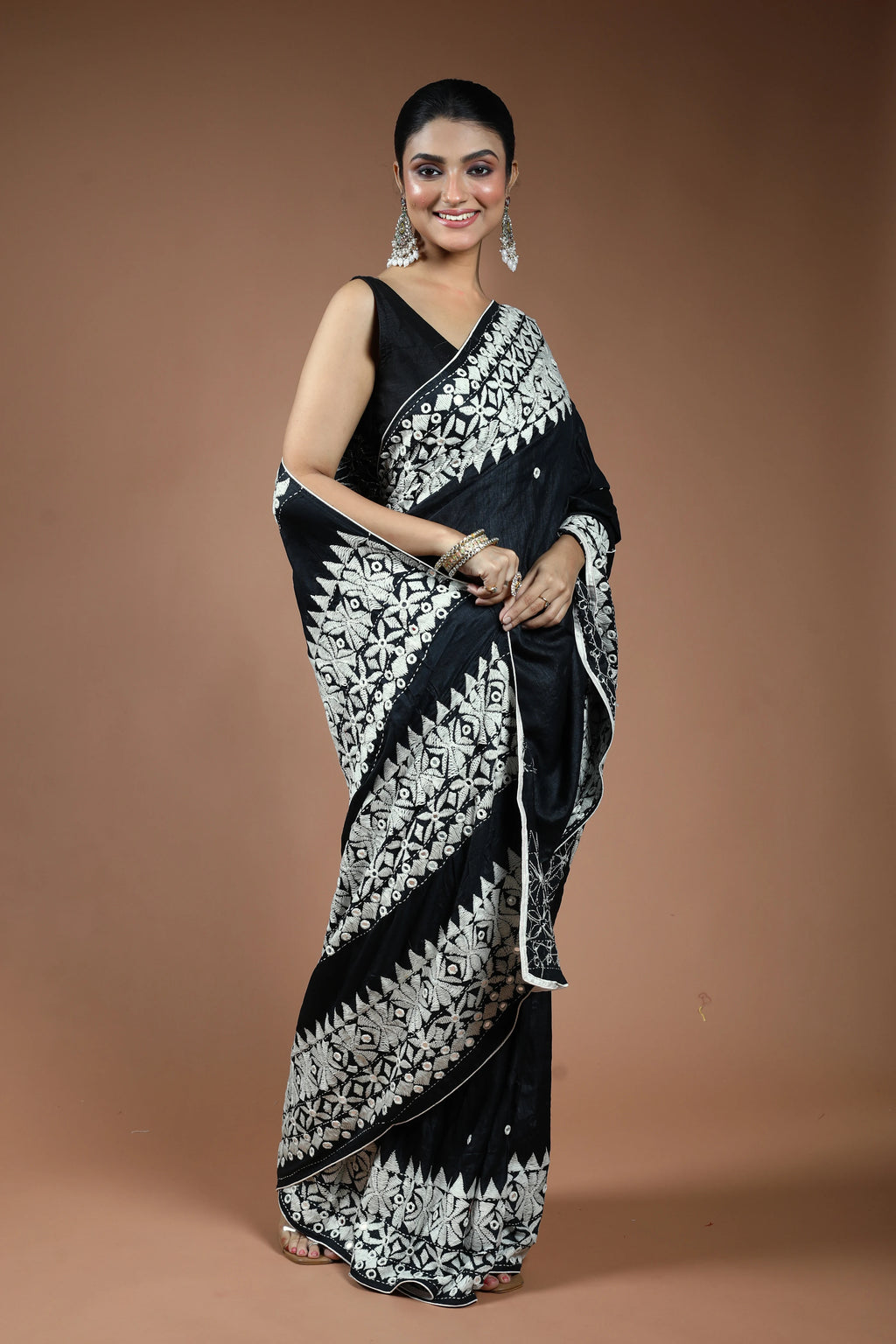 Black Tussar Kathiyawadi Saree with Blouse Piece