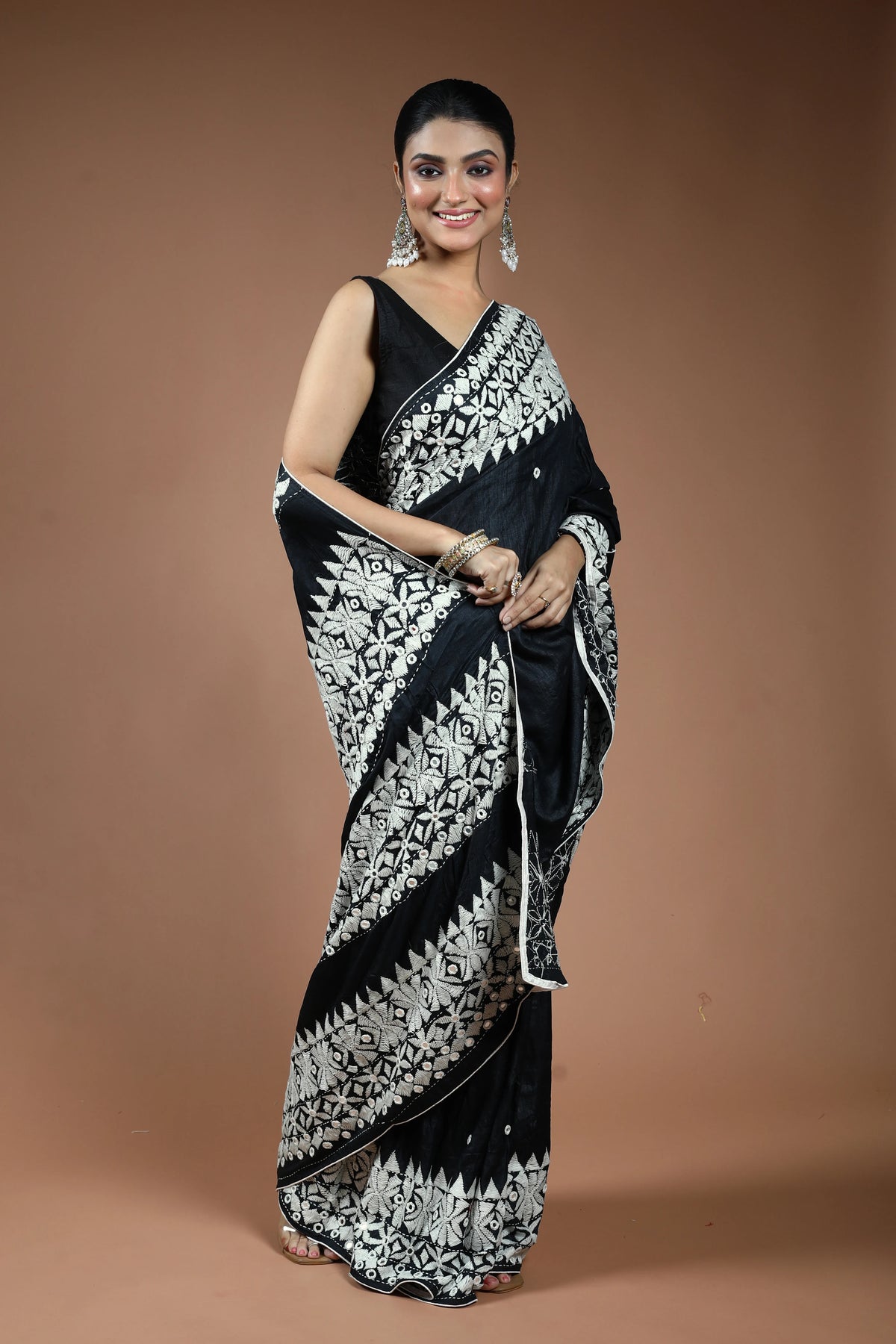 Black Tussar Kathiyawadi Saree with Blouse Piece