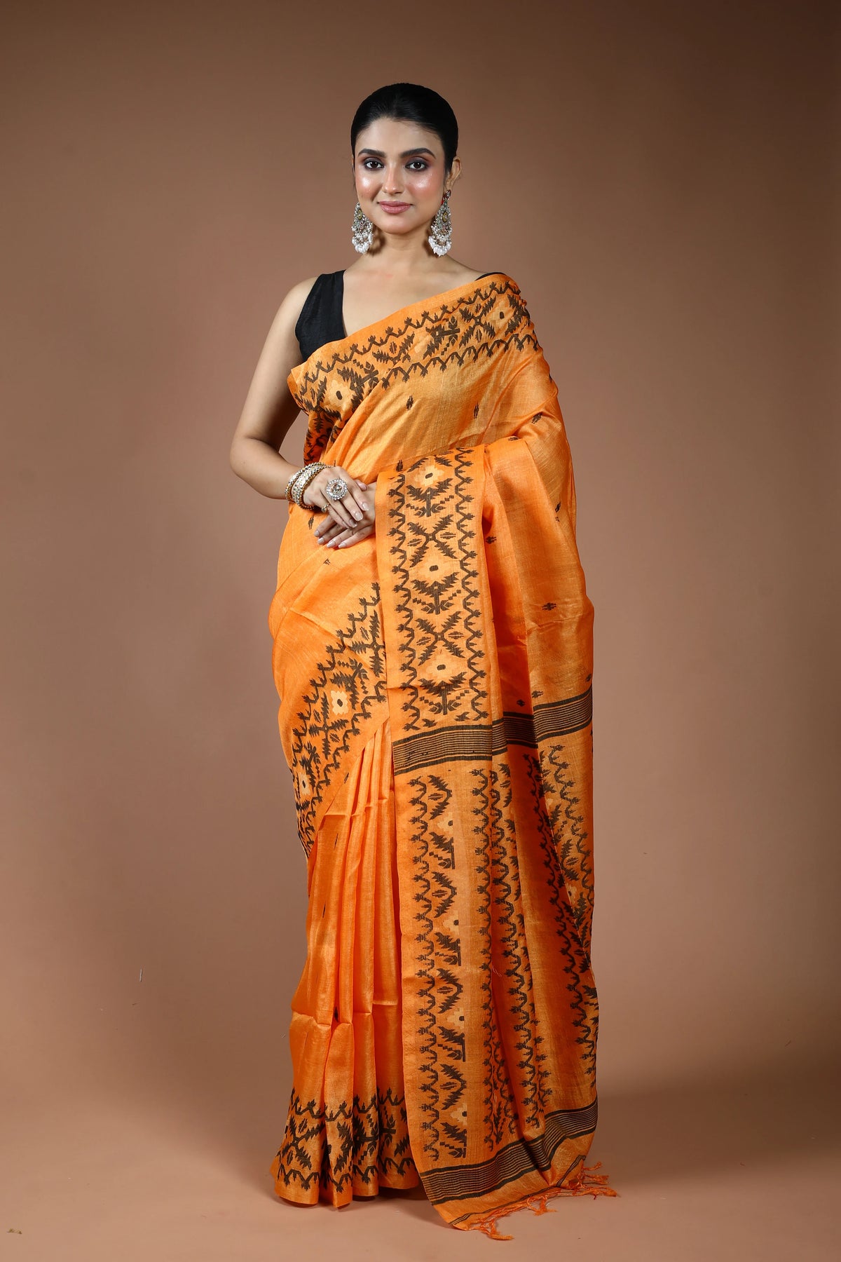 Orange Tussar Jamdani Saree with Blouse Piece