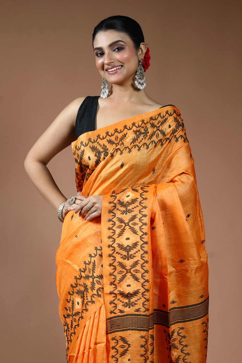 Orange Tussar Jamdani Saree with Blouse Piece