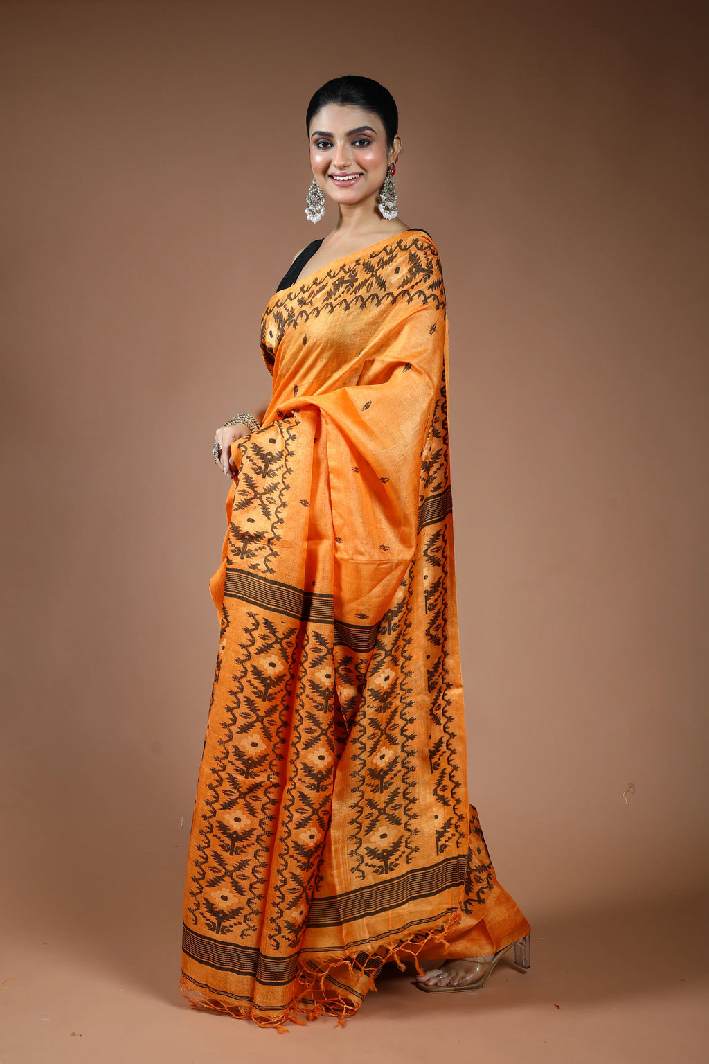 Orange Tussar Jamdani Saree with Blouse Piece