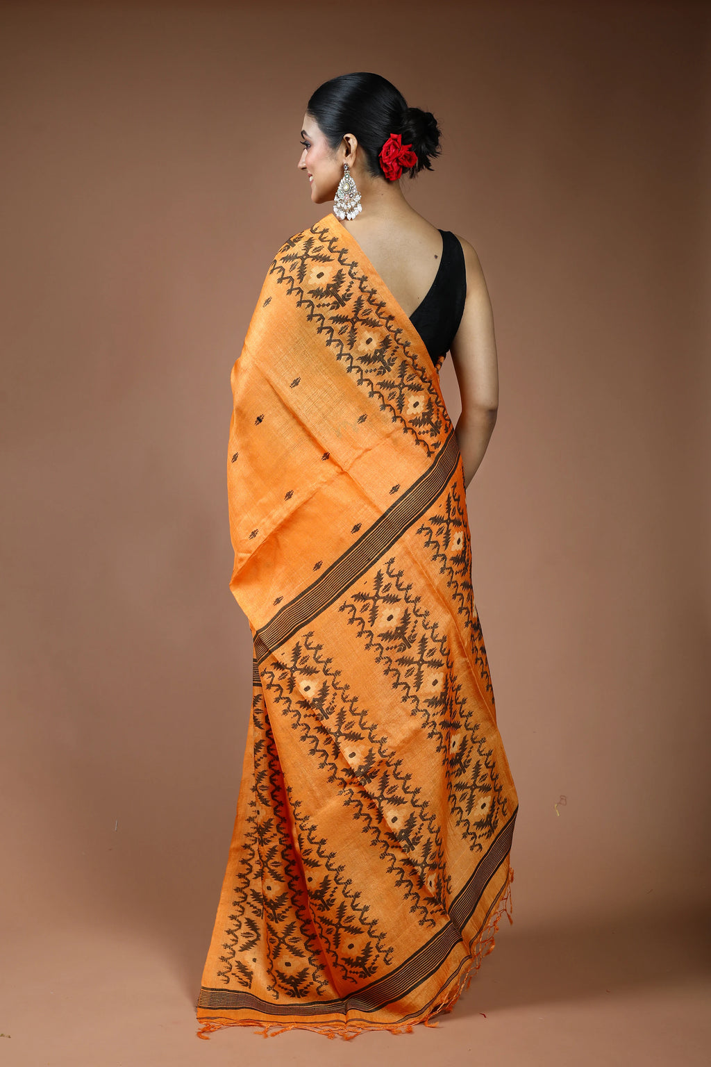 Orange Tussar Jamdani Saree with Blouse Piece
