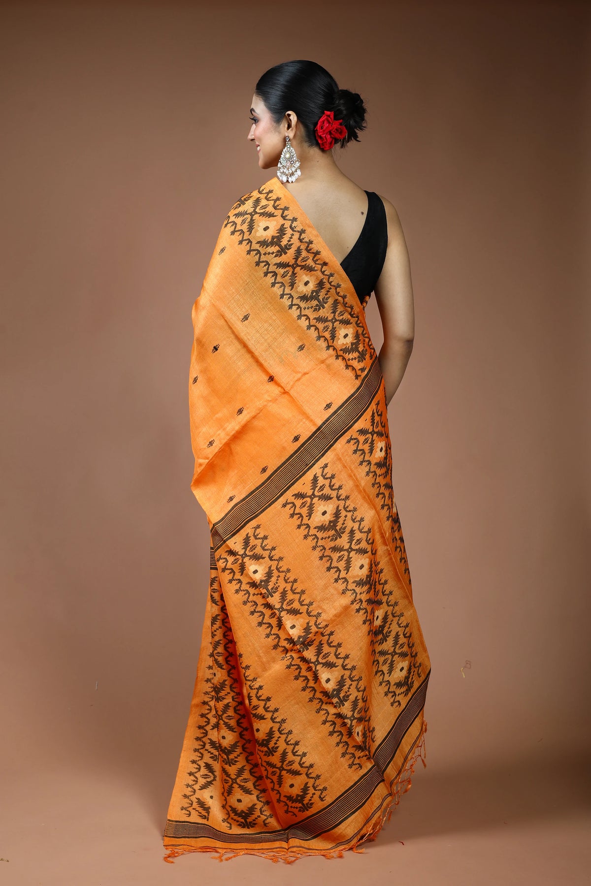 Orange Tussar Jamdani Saree with Blouse Piece