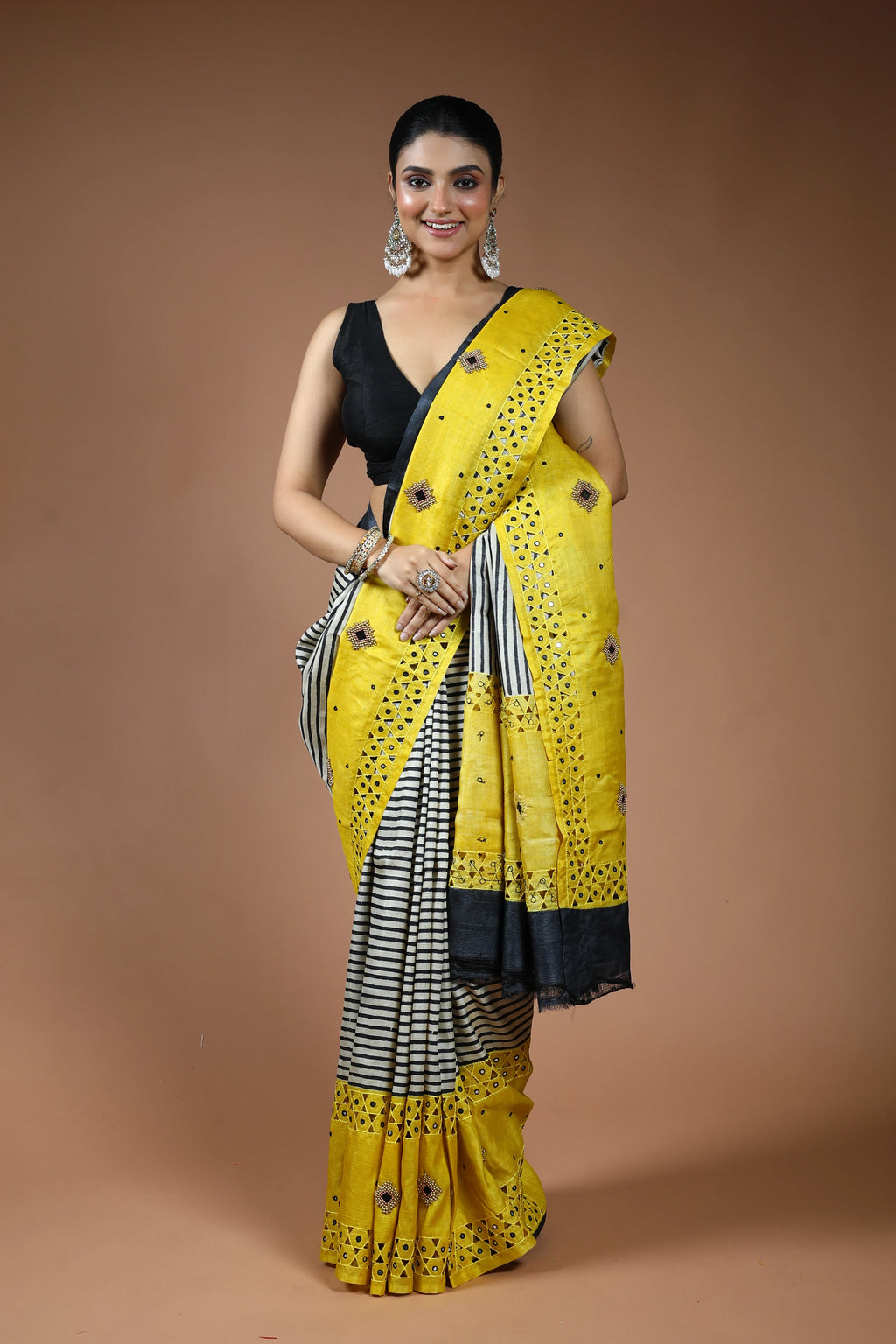 Beige and Yellow Tussar Saree with Blouse Piece
