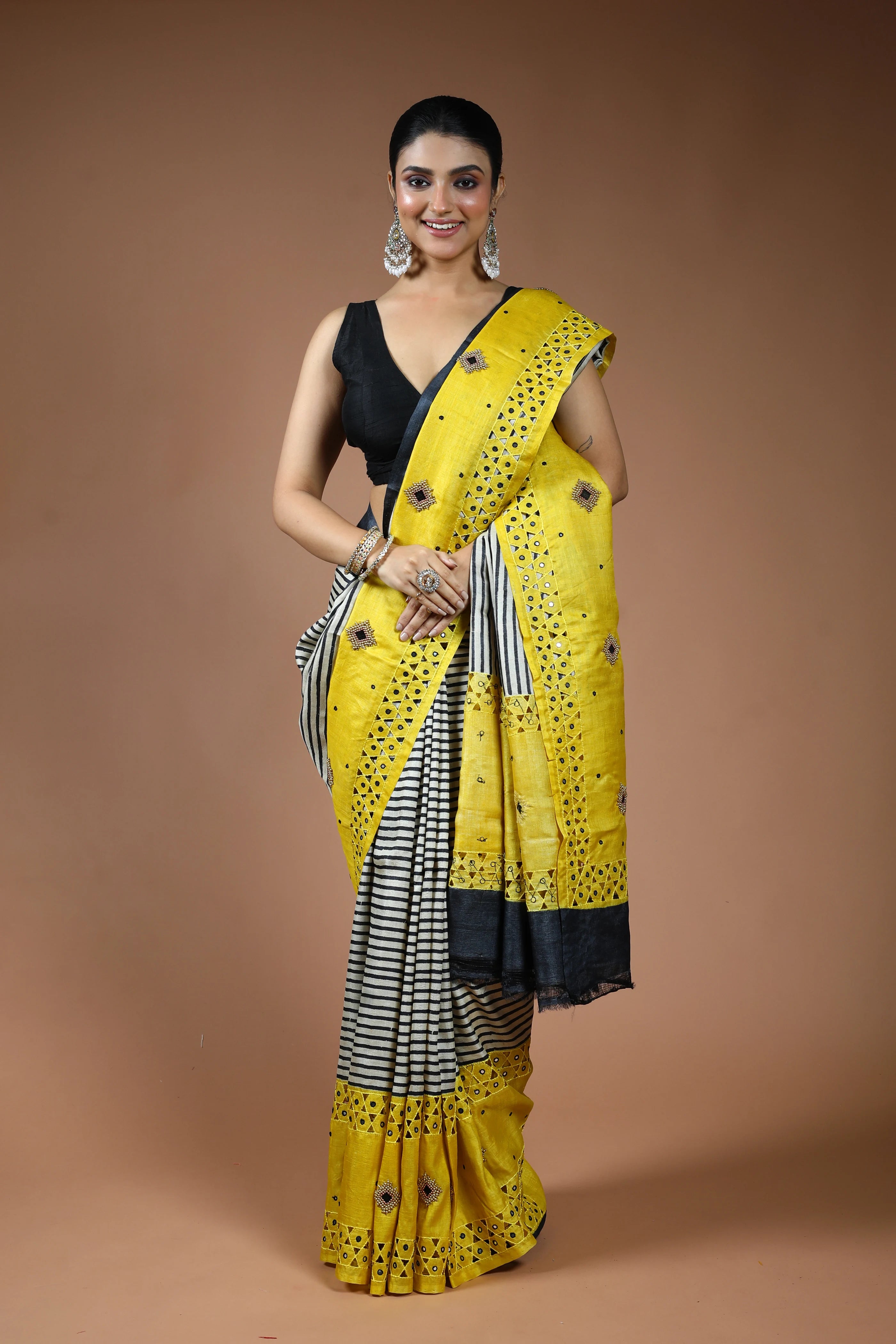 Beige and Yellow Tussar Saree with Blouse Piece