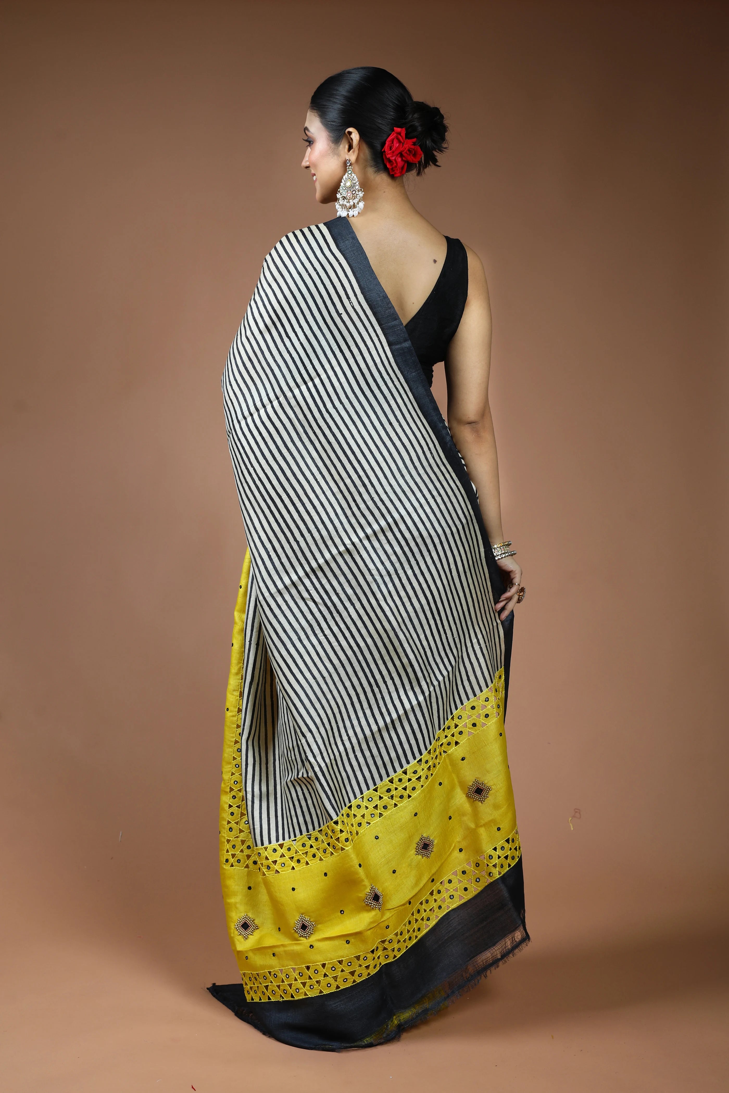 Beige and Yellow Tussar Saree with Blouse Piece