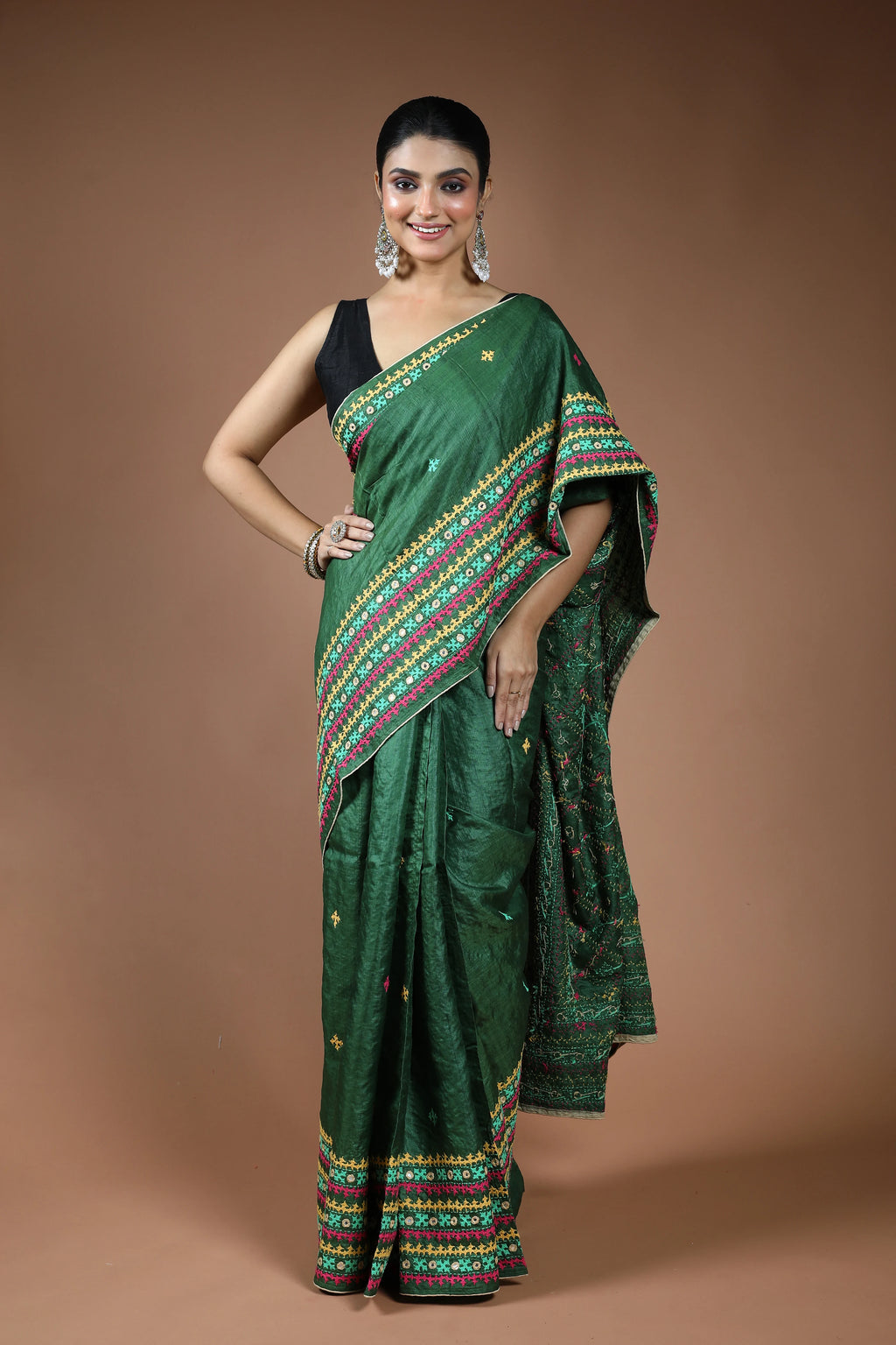 Green Tussar Gujarati Saree with Blouse Piece