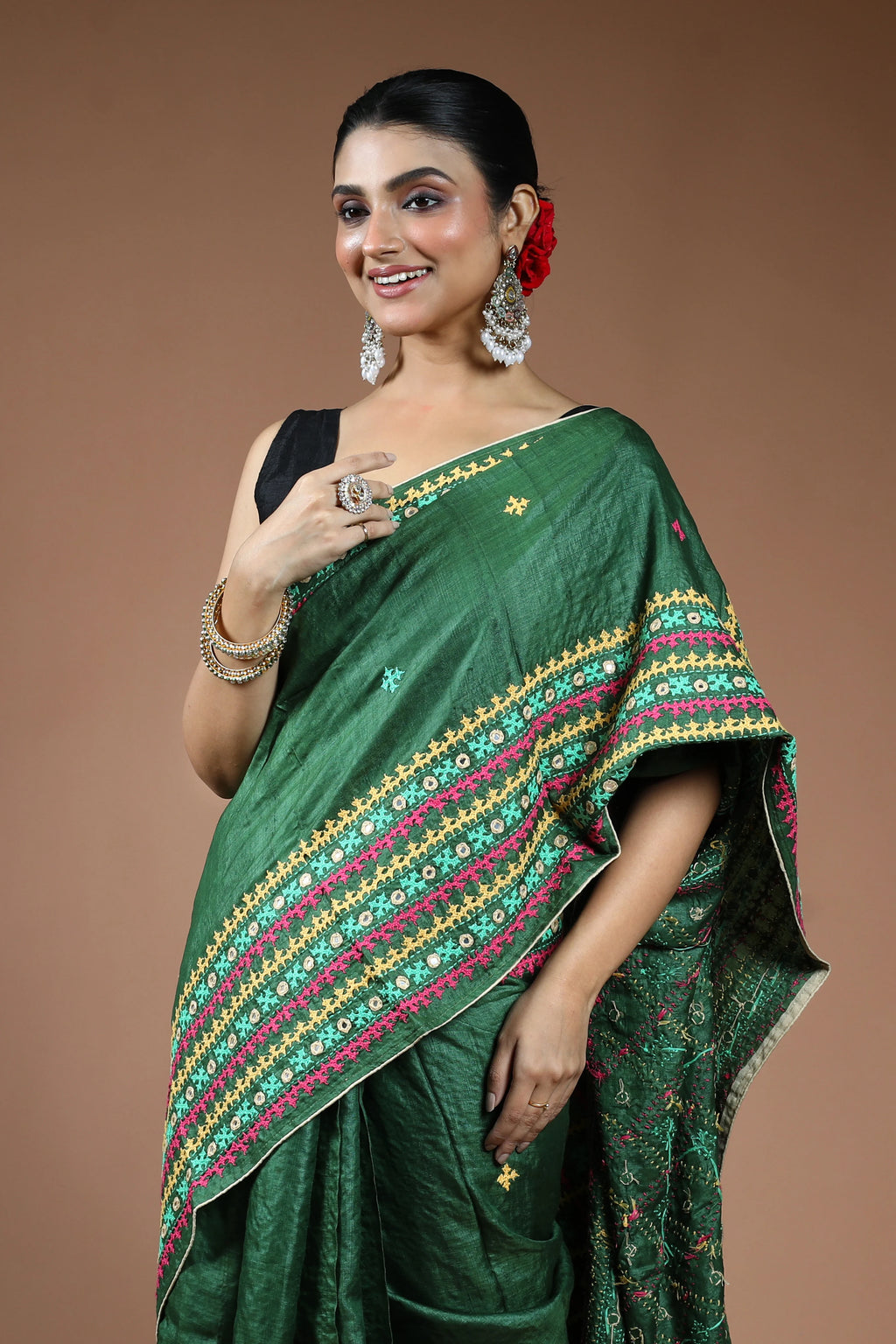 Green Tussar Gujarati Saree with Blouse Piece