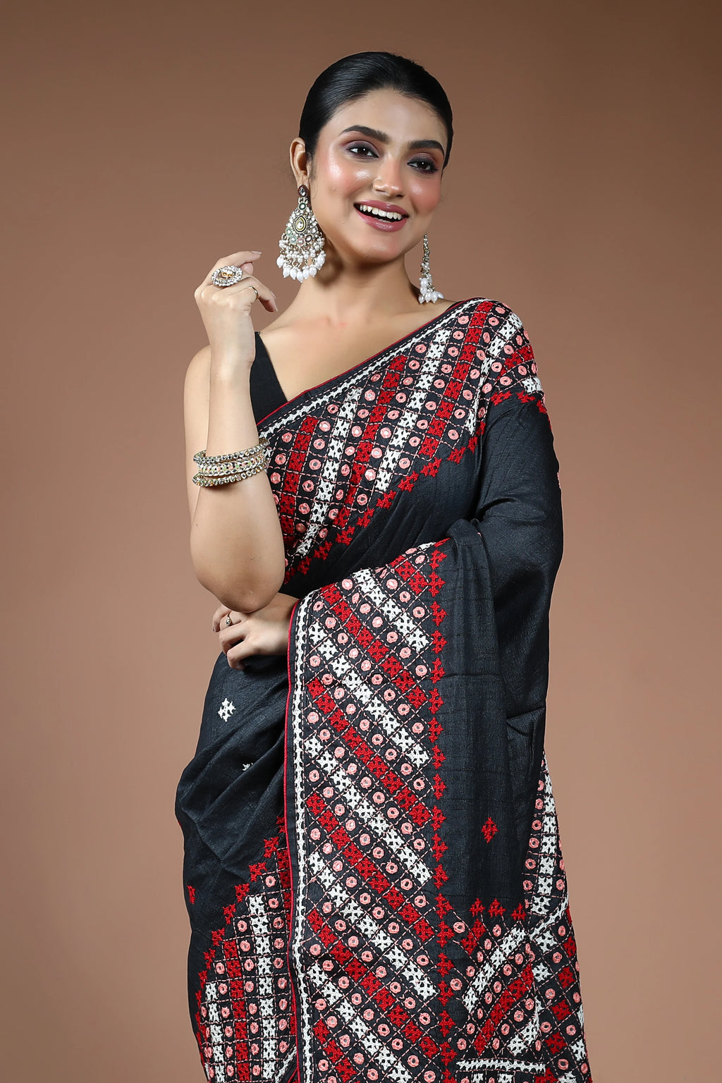 Black Tussar Gujarati Saree with Blouse Piece