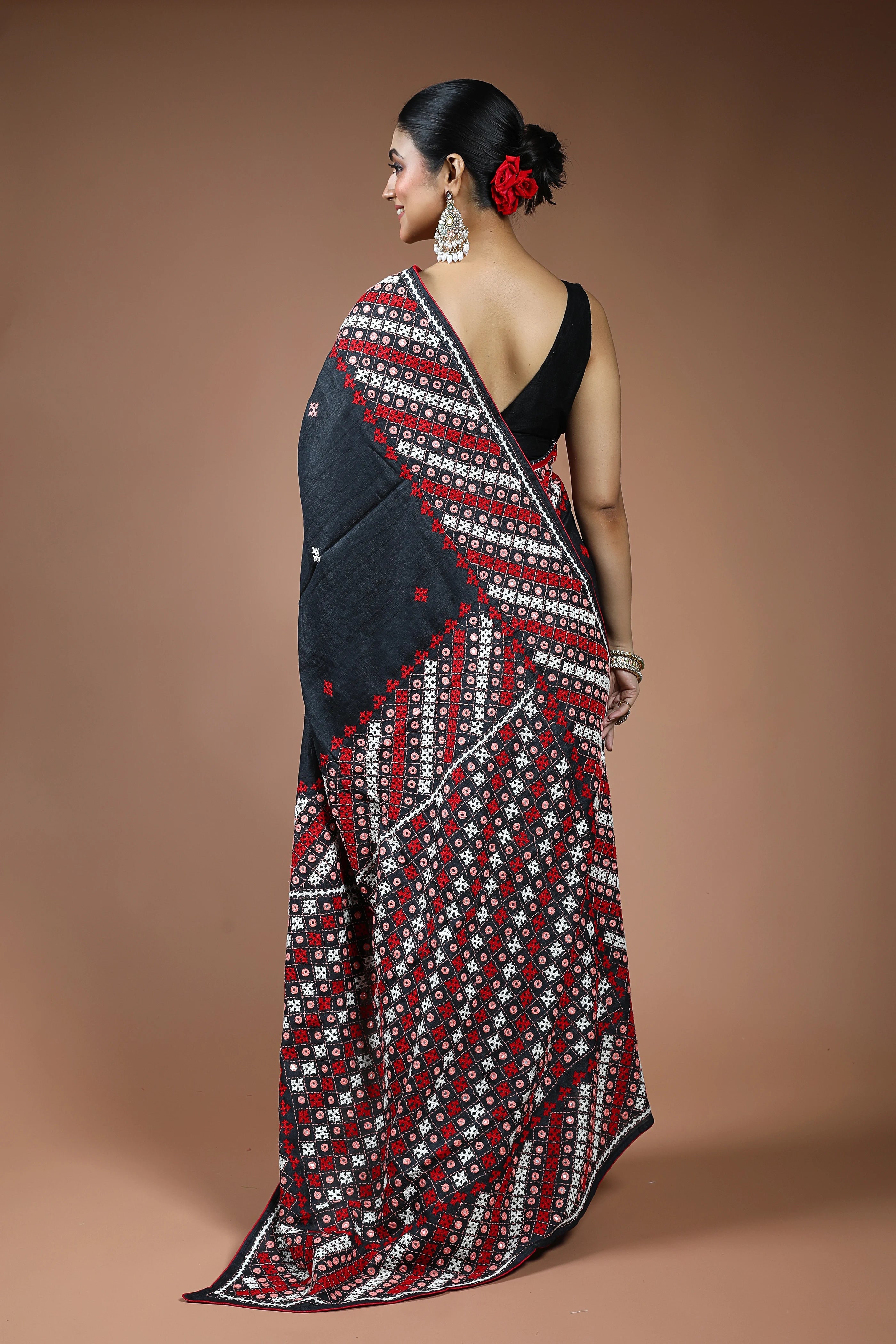 Black Tussar Gujarati Saree with Blouse Piece