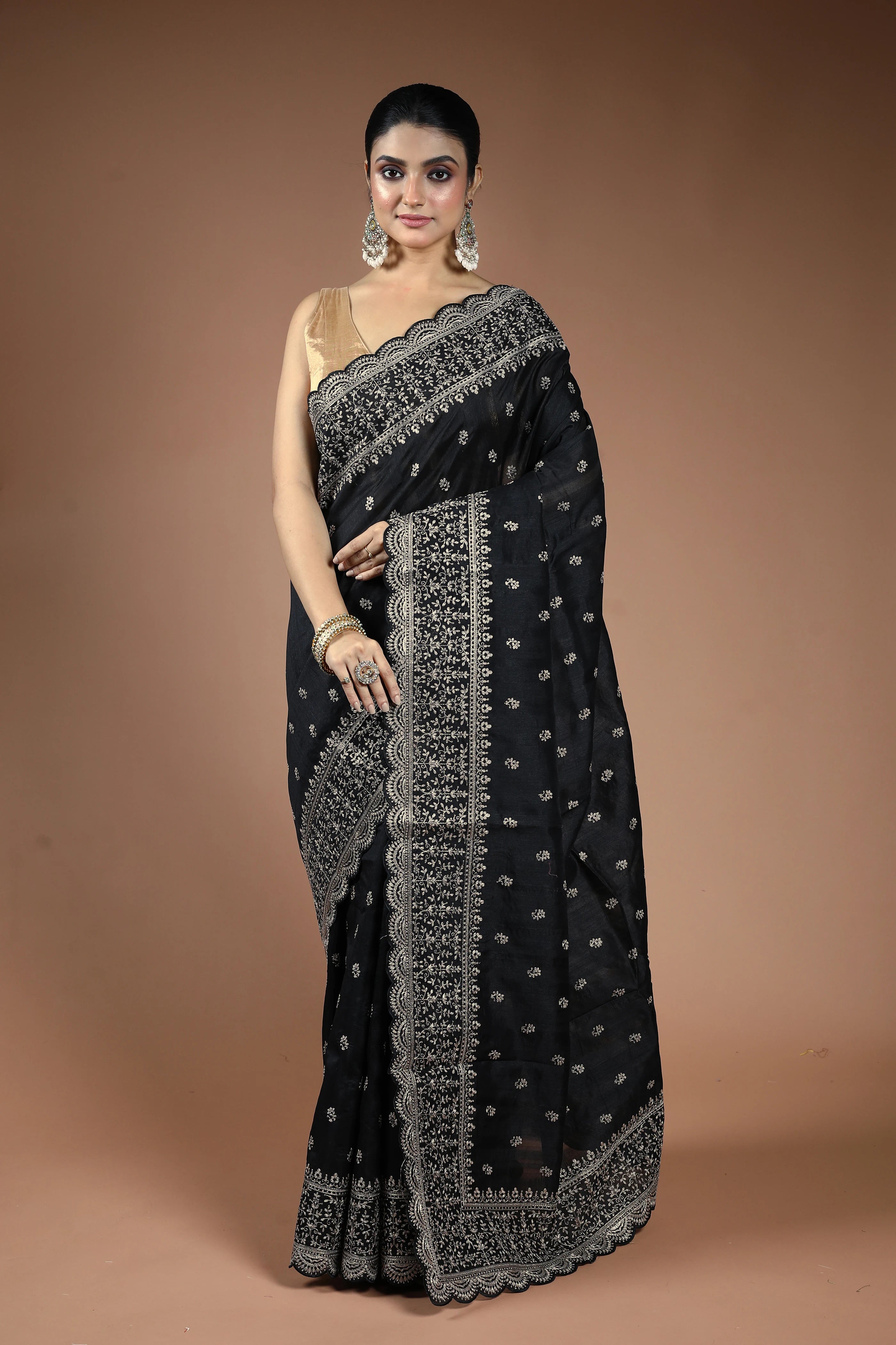 Black Blended Semi Tussar Saree with Blouse Piece
